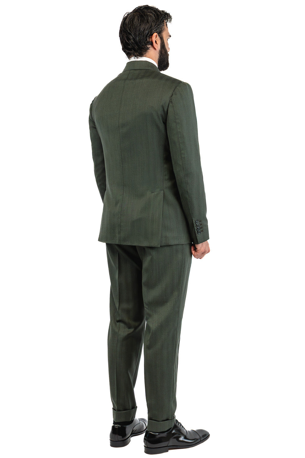 Abito spigato verde militare monopetto fresco lana TessutiVitale Barberis Canonico completamente sfoderato con Rever a lancia e tasche a filetto