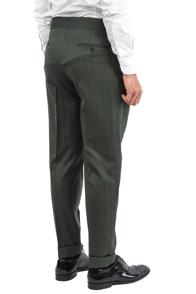 Abito spigato verde militare monopetto fresco lana TessutiVitale Barberis Canonico completamente sfoderato con Rever a lancia e tasche a filetto