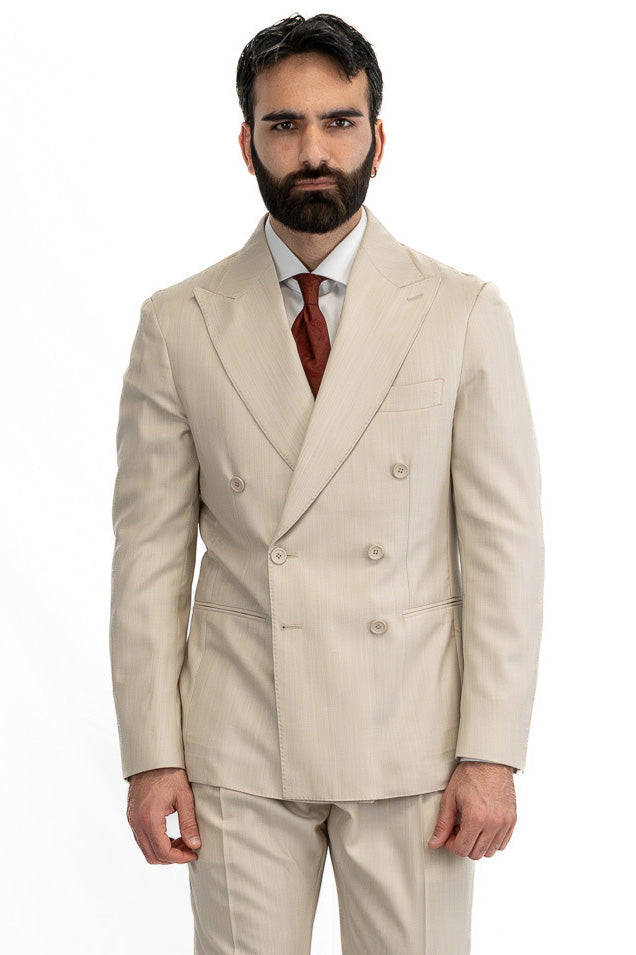 Abito spigato beige Doppiopetto fresco lana TessutiVitale Barberis Canonico completamente sfoderato con Rever a lancia e tasche a filetto