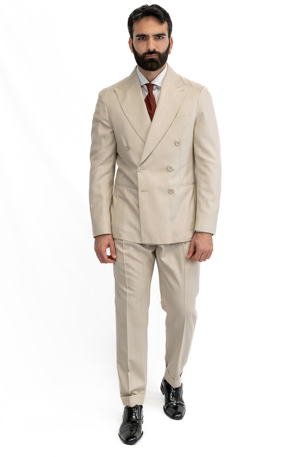 Abito spigato beige Doppiopetto fresco lana TessutiVitale Barberis Canonico completamente sfoderato con Rever a lancia e tasche a filetto