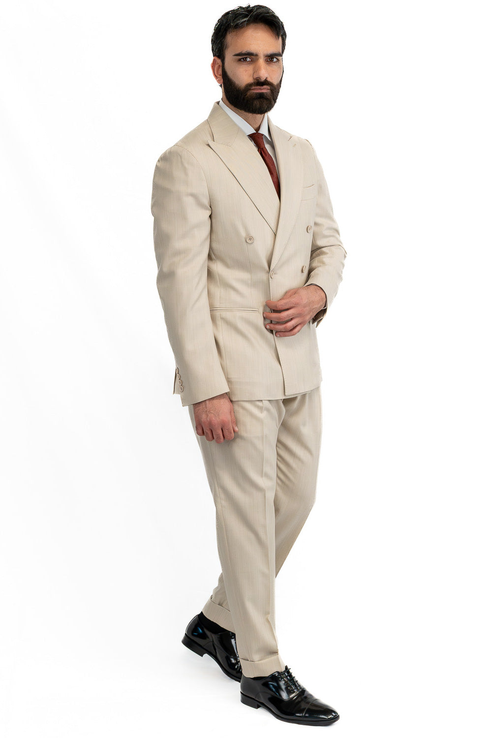 Abito spigato beige Doppiopetto fresco lana TessutiVitale Barberis Canonico completamente sfoderato con Rever a lancia e tasche a filetto