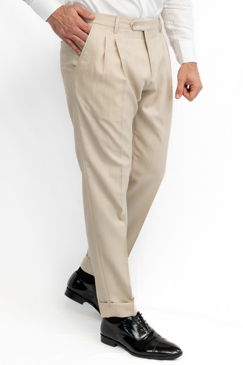 Abito spigato beige Doppiopetto fresco lana TessutiVitale Barberis Canonico completamente sfoderato con Rever a lancia e tasche a filetto