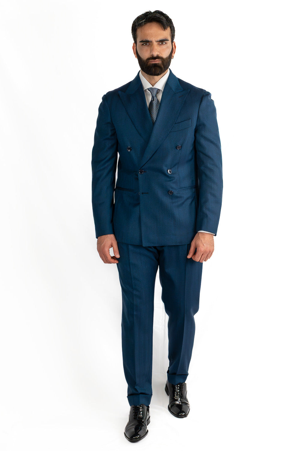Abito spigato Blu ottanio doppiopetto fresco lana TessutiVitale Barberis Canonico completamente sfoderato con Rever a lancia e tasche a filetto