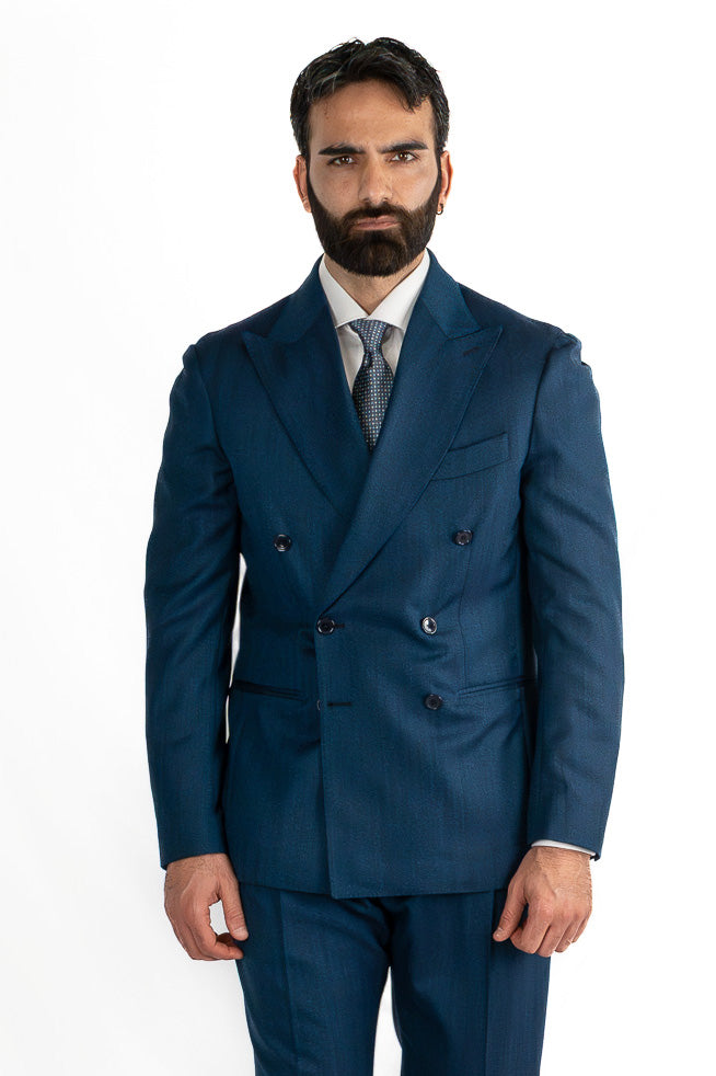 Abito spigato Blu ottanio doppiopetto fresco lana TessutiVitale Barberis Canonico completamente sfoderato con Rever a lancia e tasche a filetto