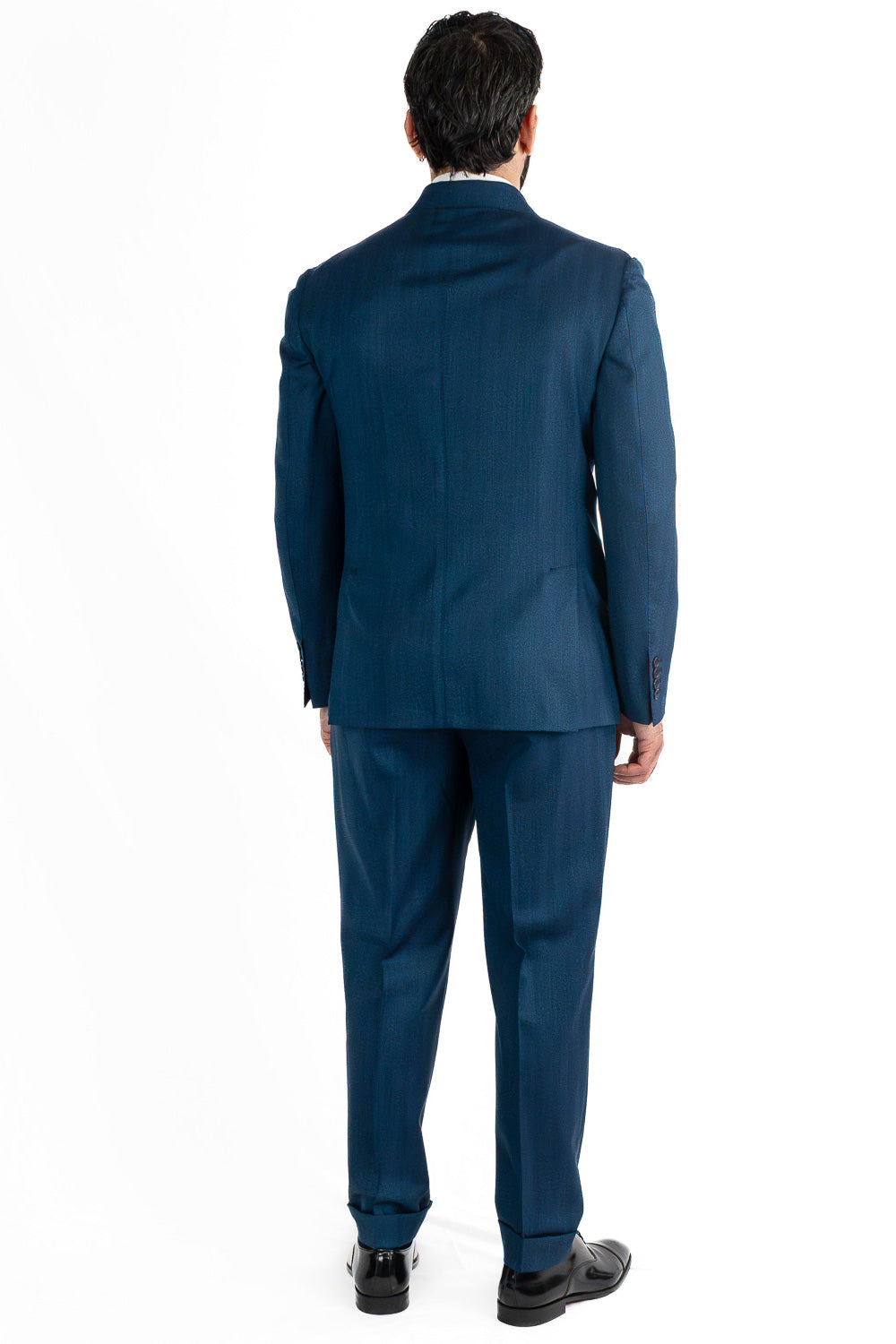 Abito spigato Blu ottanio doppiopetto fresco lana TessutiVitale Barberis Canonico completamente sfoderato con Rever a lancia e tasche a filetto