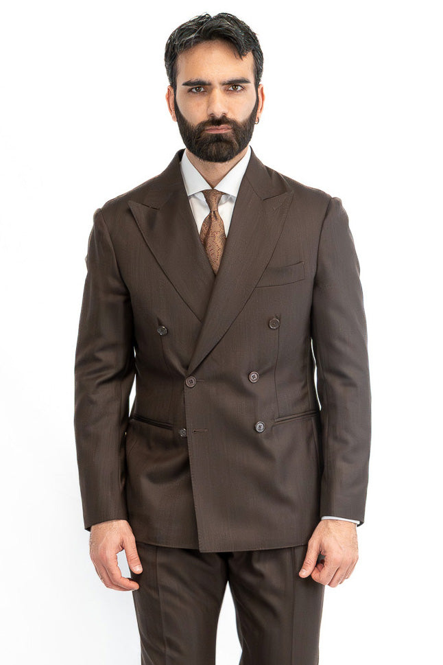 Abito spigato Marrone doppiopettofresco lana TessutiVitale Barberis Canonico completamente sfoderato con Rever a lancia e tasche a filetto