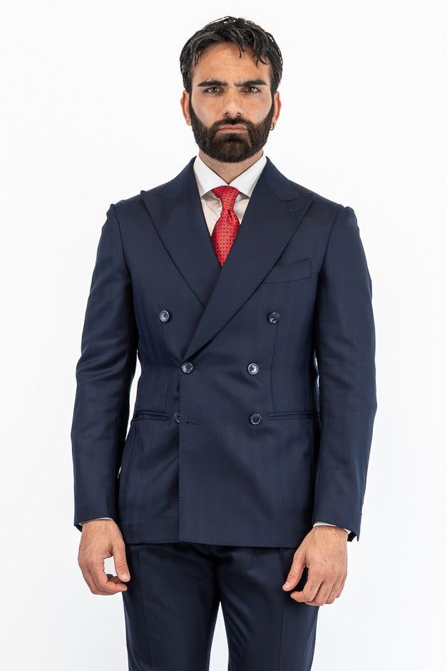 Abito spigato Blu navy doppiopetto fresco lana TessutiVitale Barberis Canonico completamente sfoderato con Rever a lancia e tasche a filetto