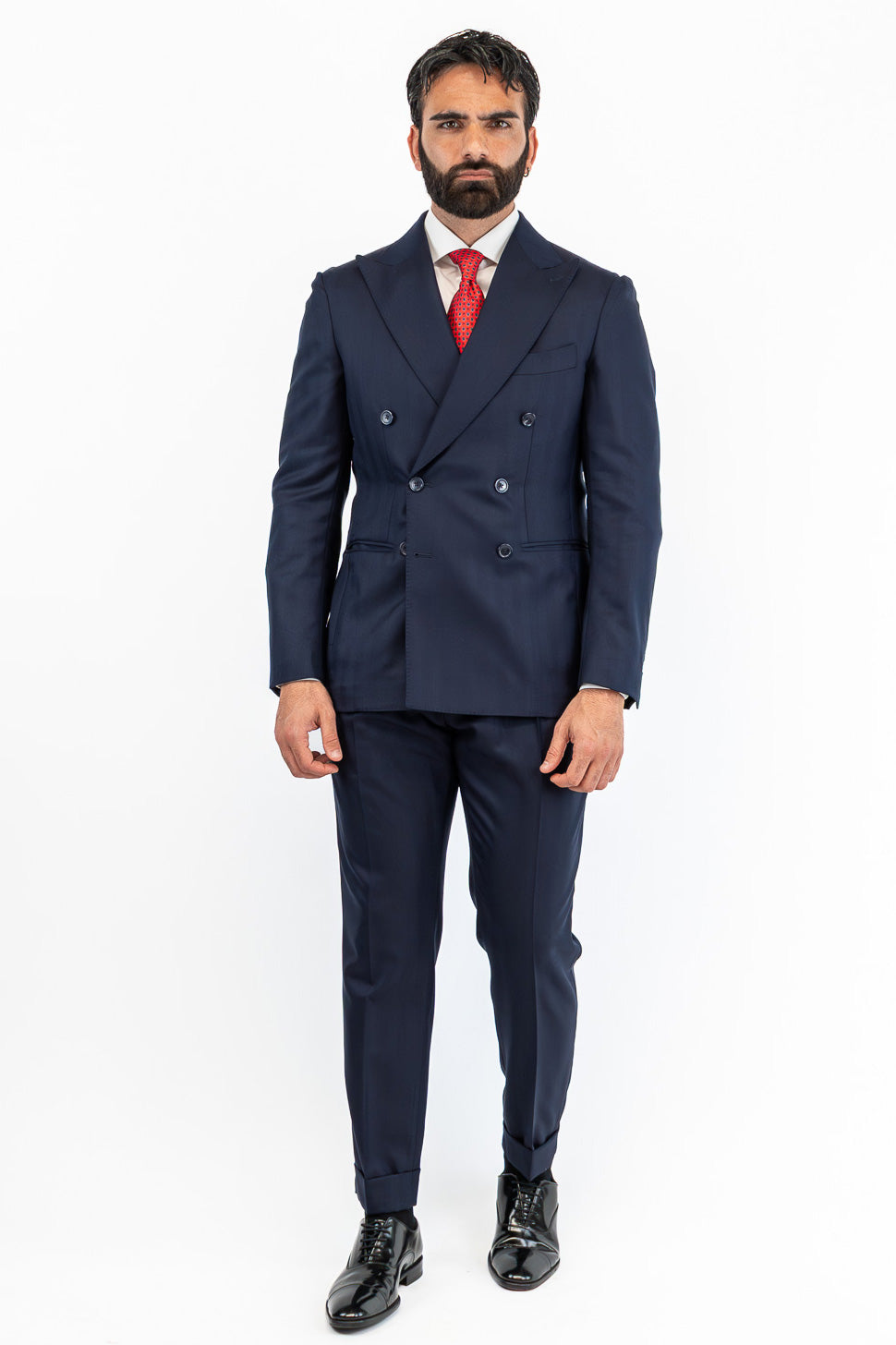 Abito spigato Blu navy doppiopetto fresco lana TessutiVitale Barberis Canonico completamente sfoderato con Rever a lancia e tasche a filetto