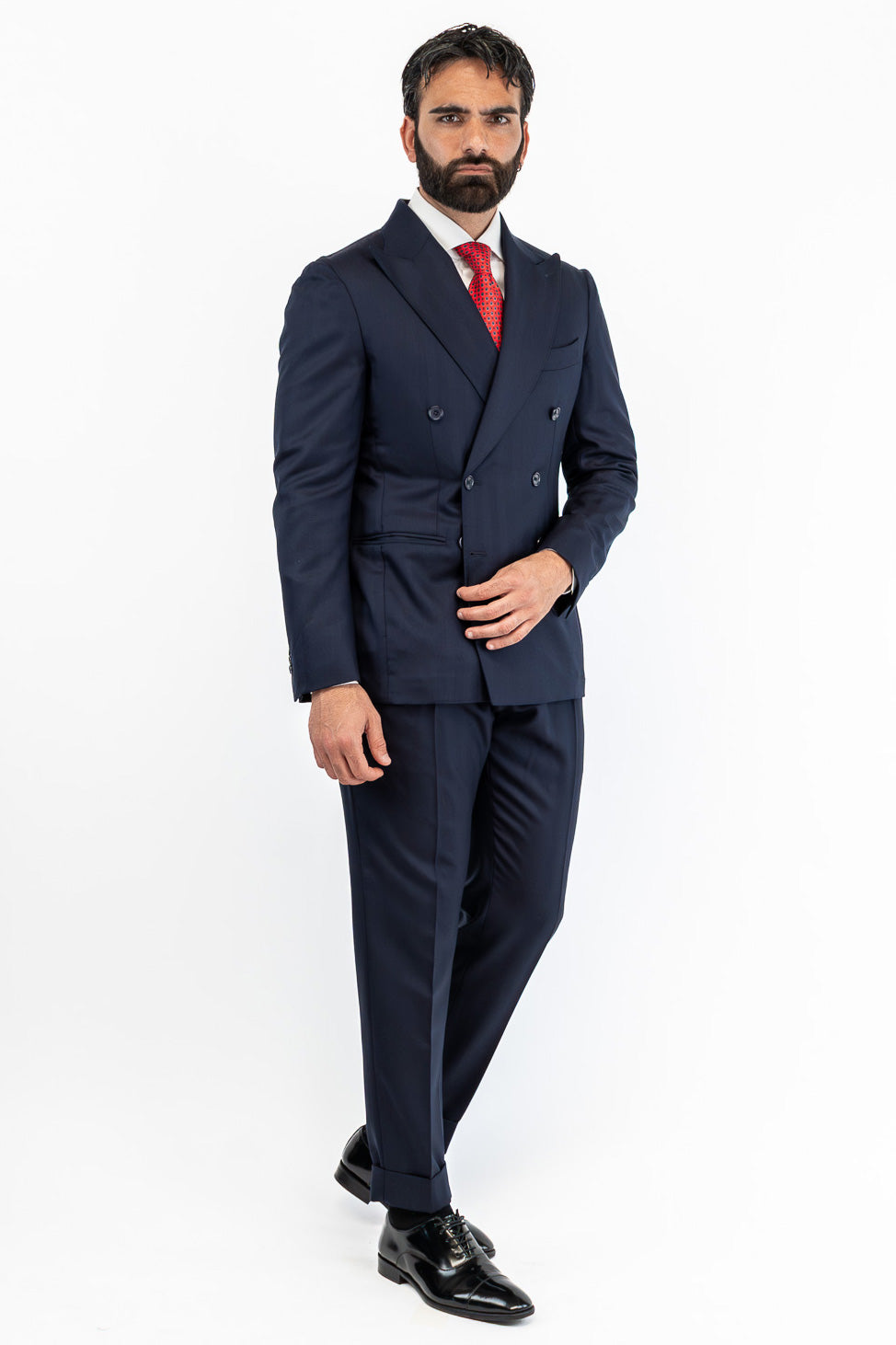 Abito spigato Blu navy doppiopetto fresco lana TessutiVitale Barberis Canonico completamente sfoderato con Rever a lancia e tasche a filetto