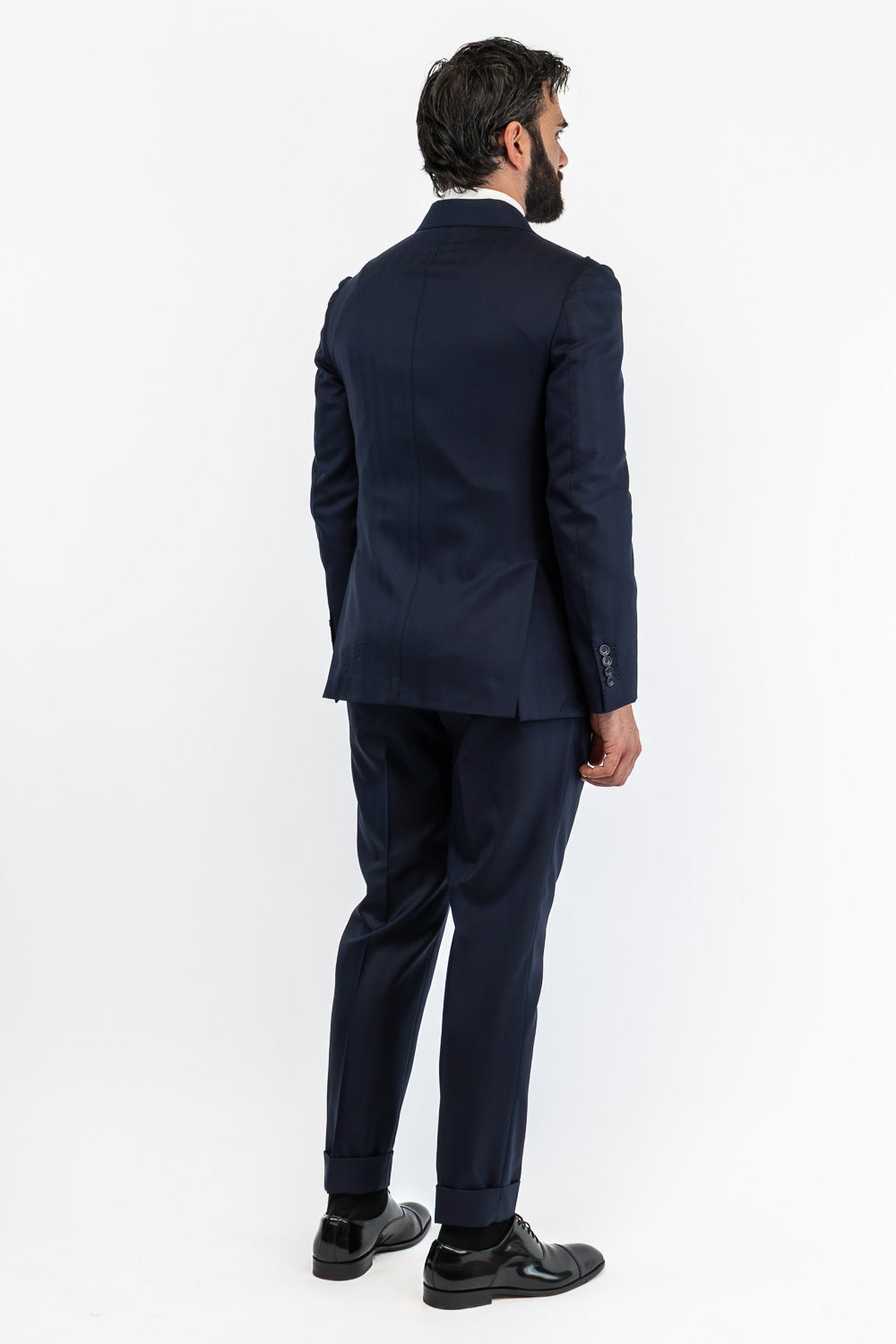 Abito spigato Blu navy doppiopetto fresco lana TessutiVitale Barberis Canonico completamente sfoderato con Rever a lancia e tasche a filetto