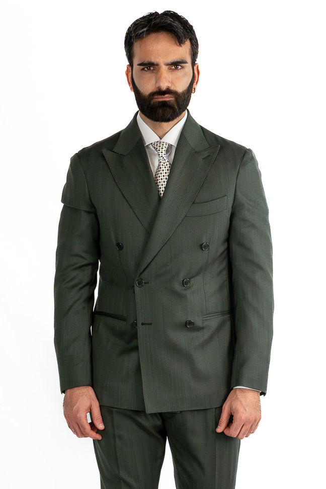 Abito spigato verde militare doppiopetto fresco lana TessutiVitale Barberis Canonico completamente sfoderato con Rever a lancia e tasche a filetto