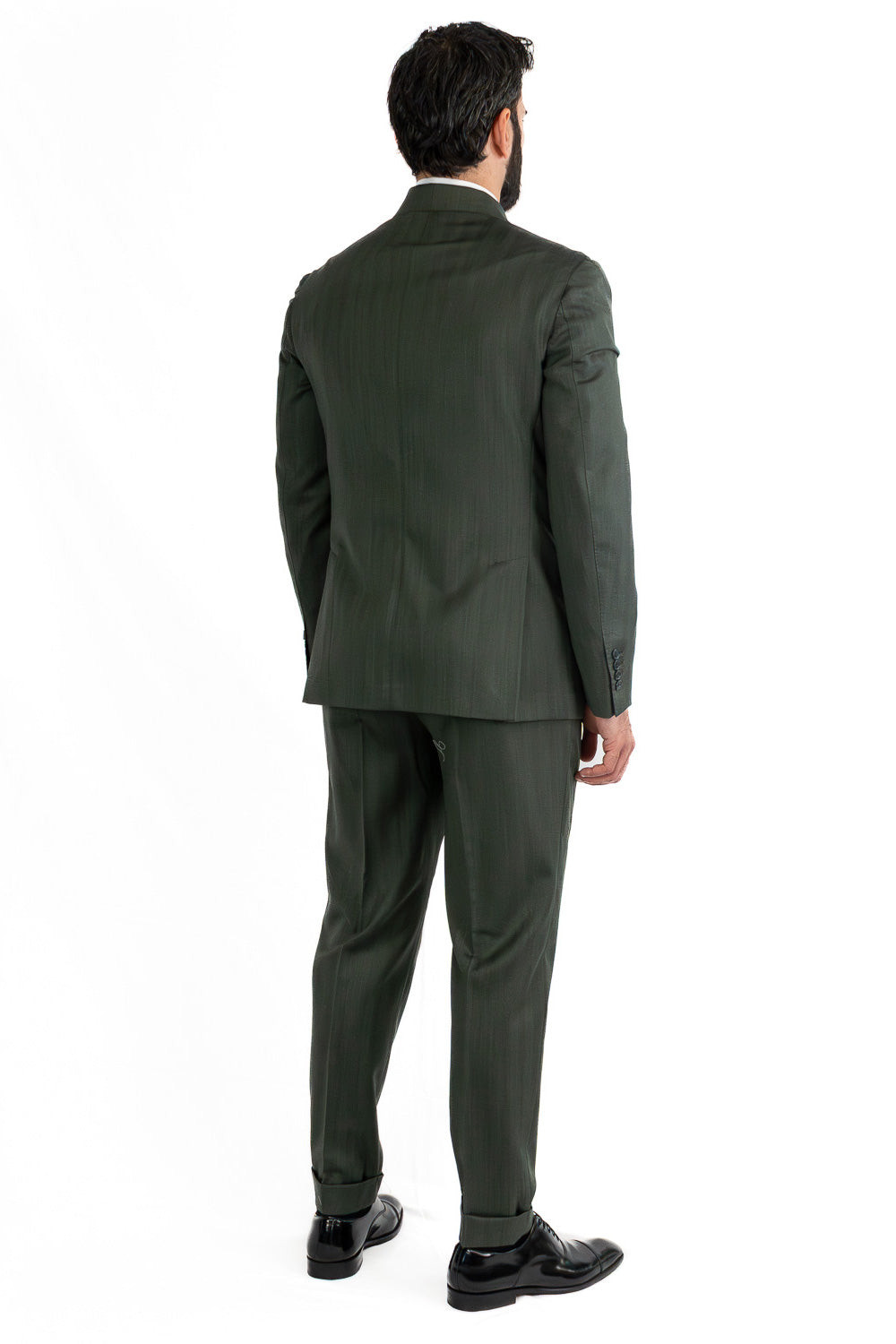 Abito spigato verde militare doppiopetto fresco lana TessutiVitale Barberis Canonico completamente sfoderato con Rever a lancia e tasche a filetto