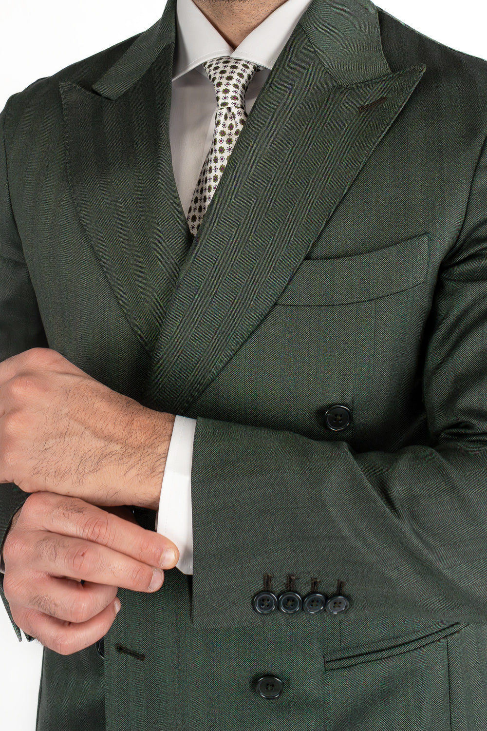 Abito spigato verde militare doppiopetto fresco lana TessutiVitale Barberis Canonico completamente sfoderato con Rever a lancia e tasche a filetto