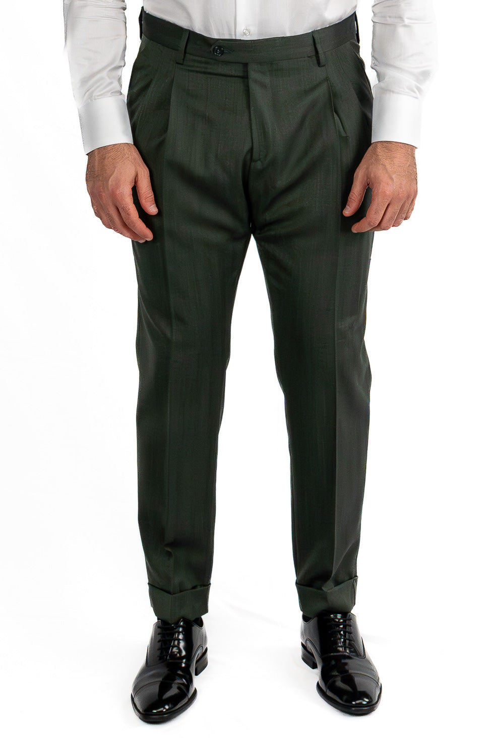 Abito spigato verde militare doppiopetto fresco lana TessutiVitale Barberis Canonico completamente sfoderato con Rever a lancia e tasche a filetto