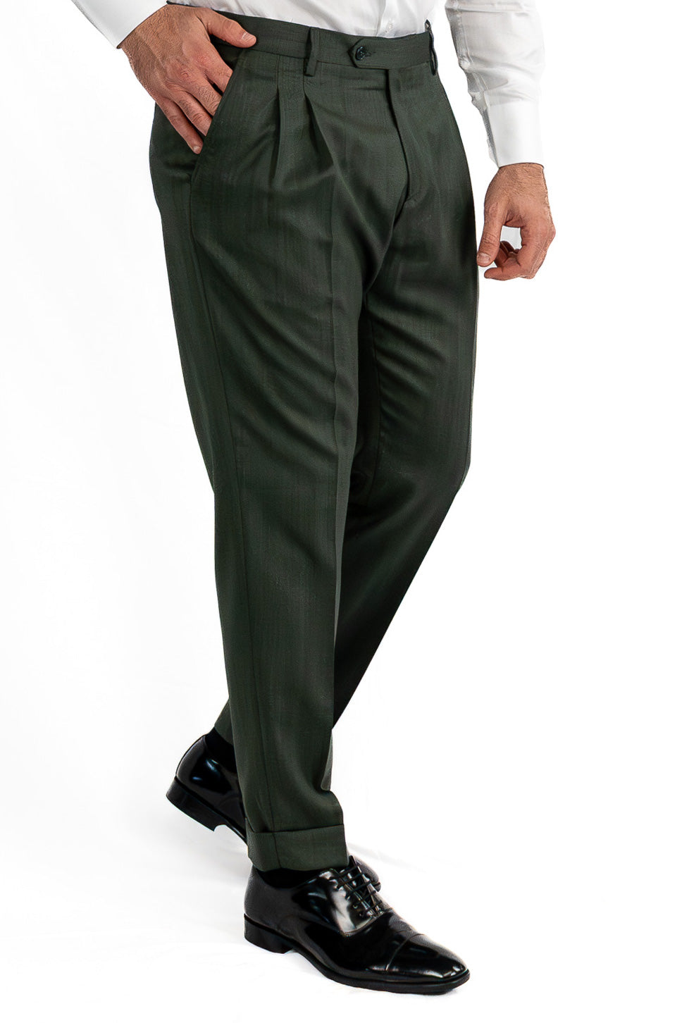 Abito spigato verde militare doppiopetto fresco lana TessutiVitale Barberis Canonico completamente sfoderato con Rever a lancia e tasche a filetto