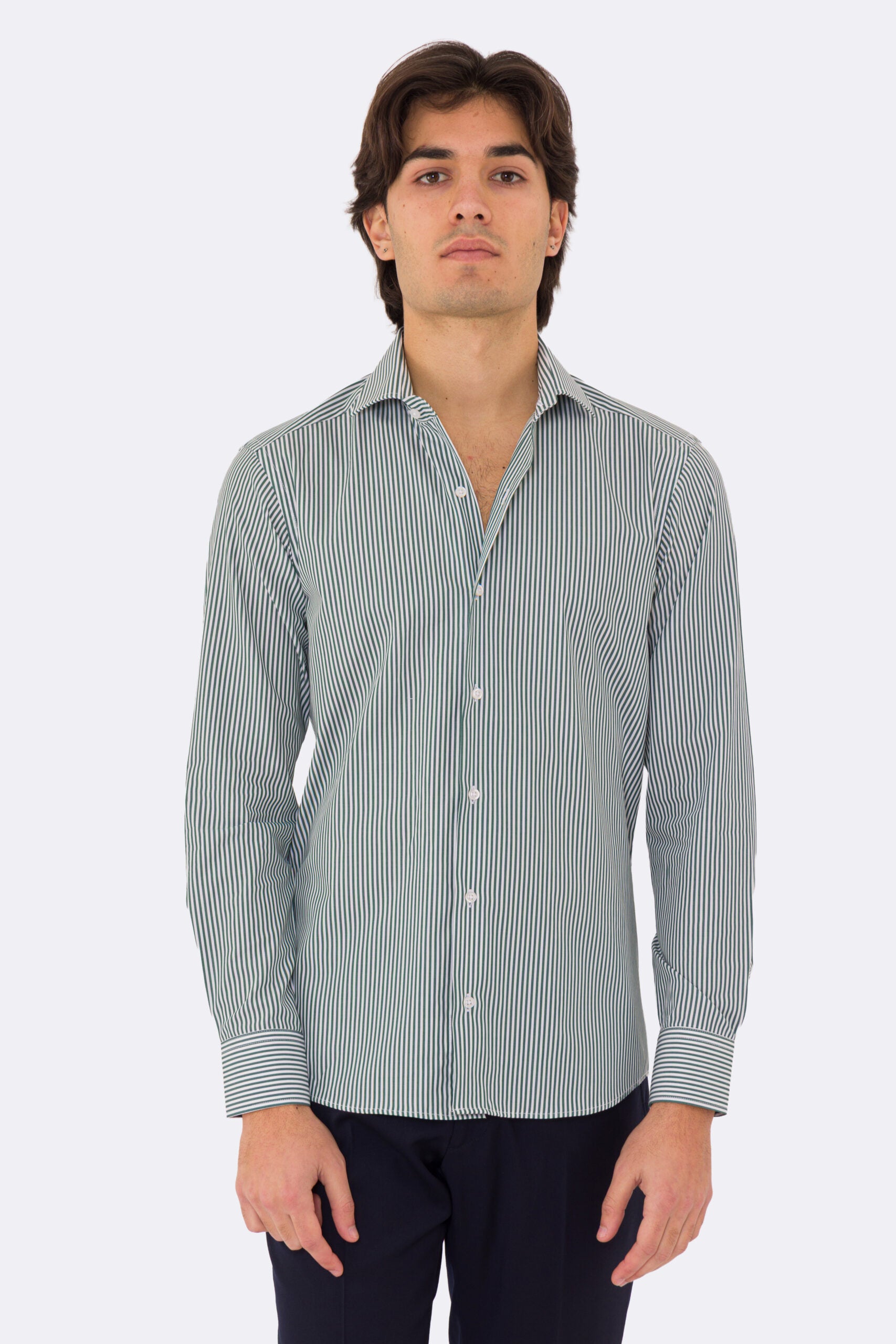 Camicia Uomo verde a mille righe slim Fit 100% cotone popeline collo semi francese Tessuti Twill