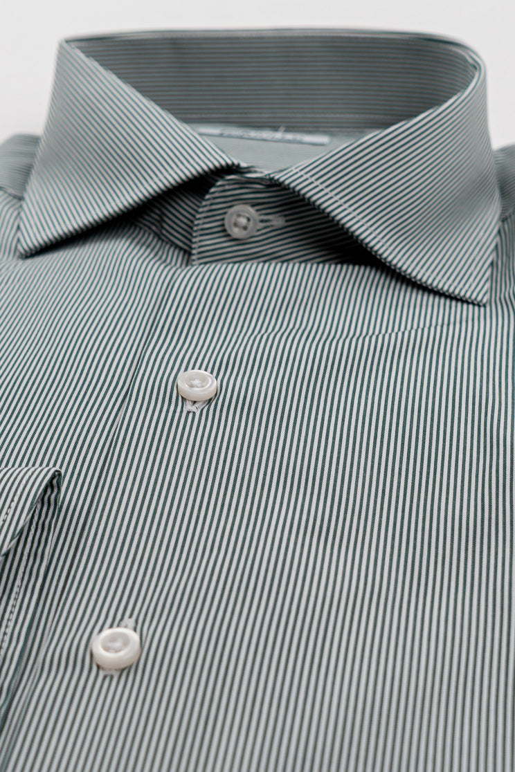 Camicia Uomo verde a mille righe slim Fit 100% cotone popeline collo semi francese Tessuti Twill