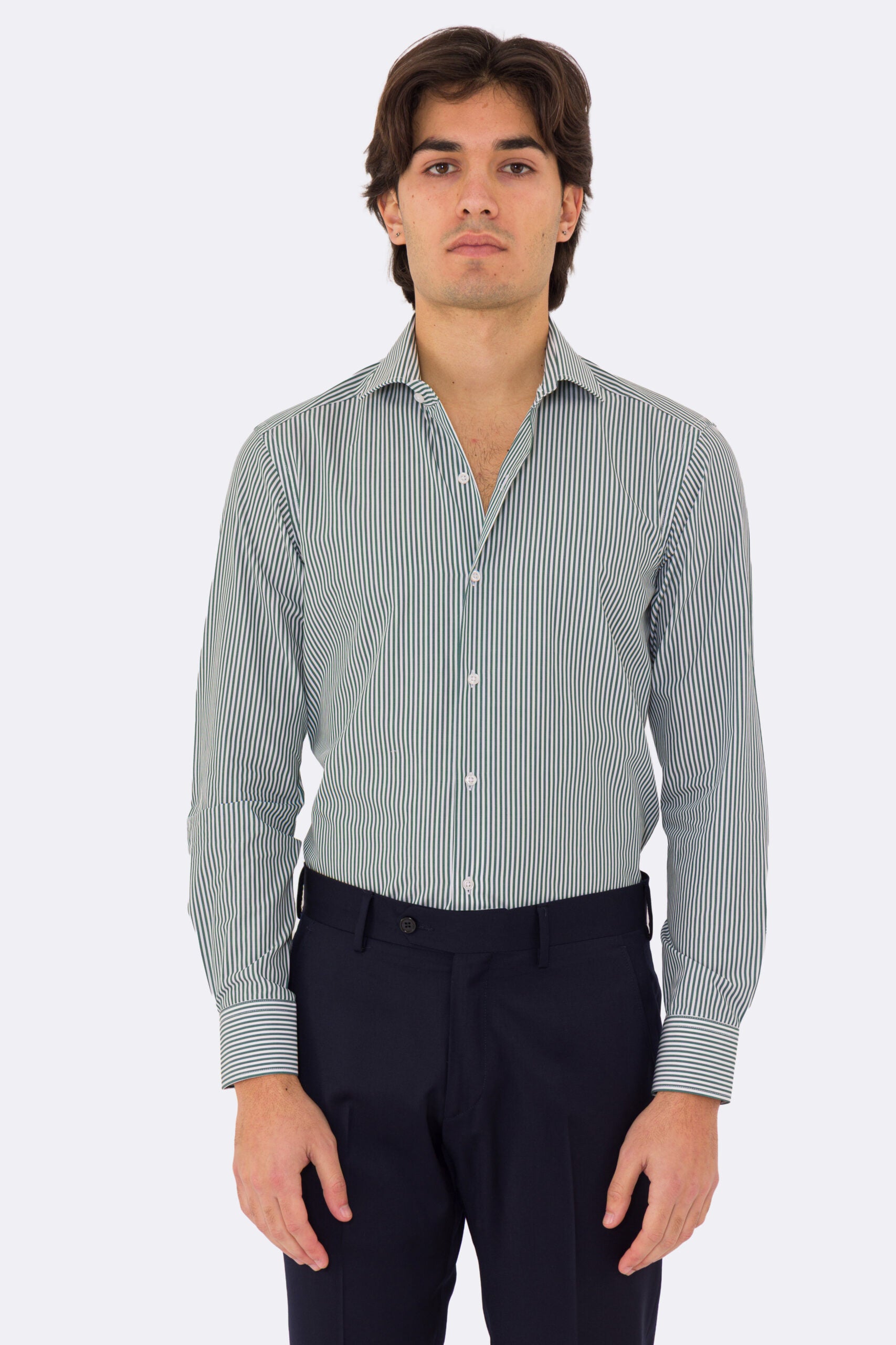 Camicia Uomo verde a mille righe slim Fit 100% cotone popeline collo semi francese Tessuti Twill