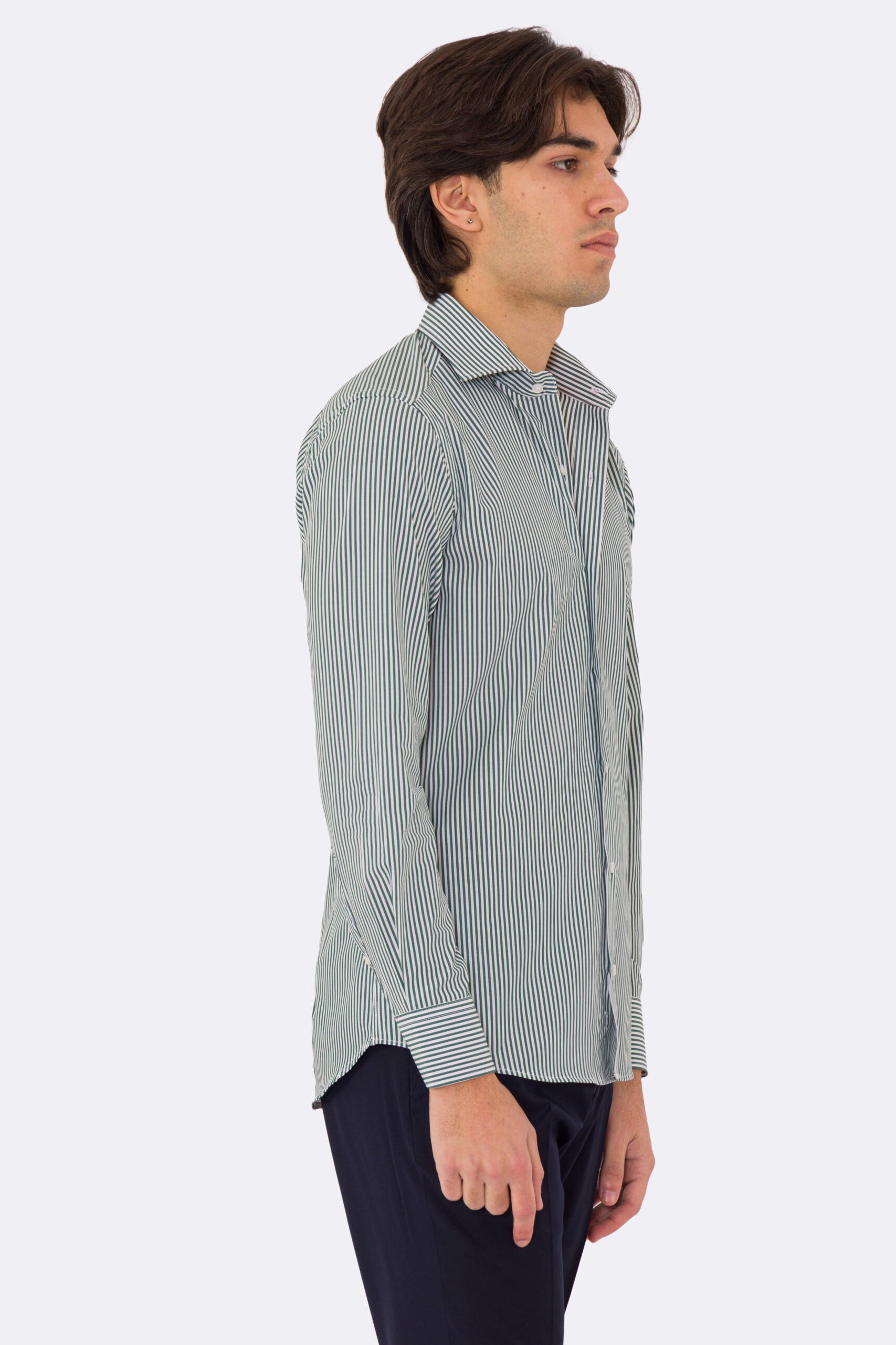 Camicia Uomo verde a mille righe slim Fit 100% cotone popeline collo semi francese Tessuti Twill