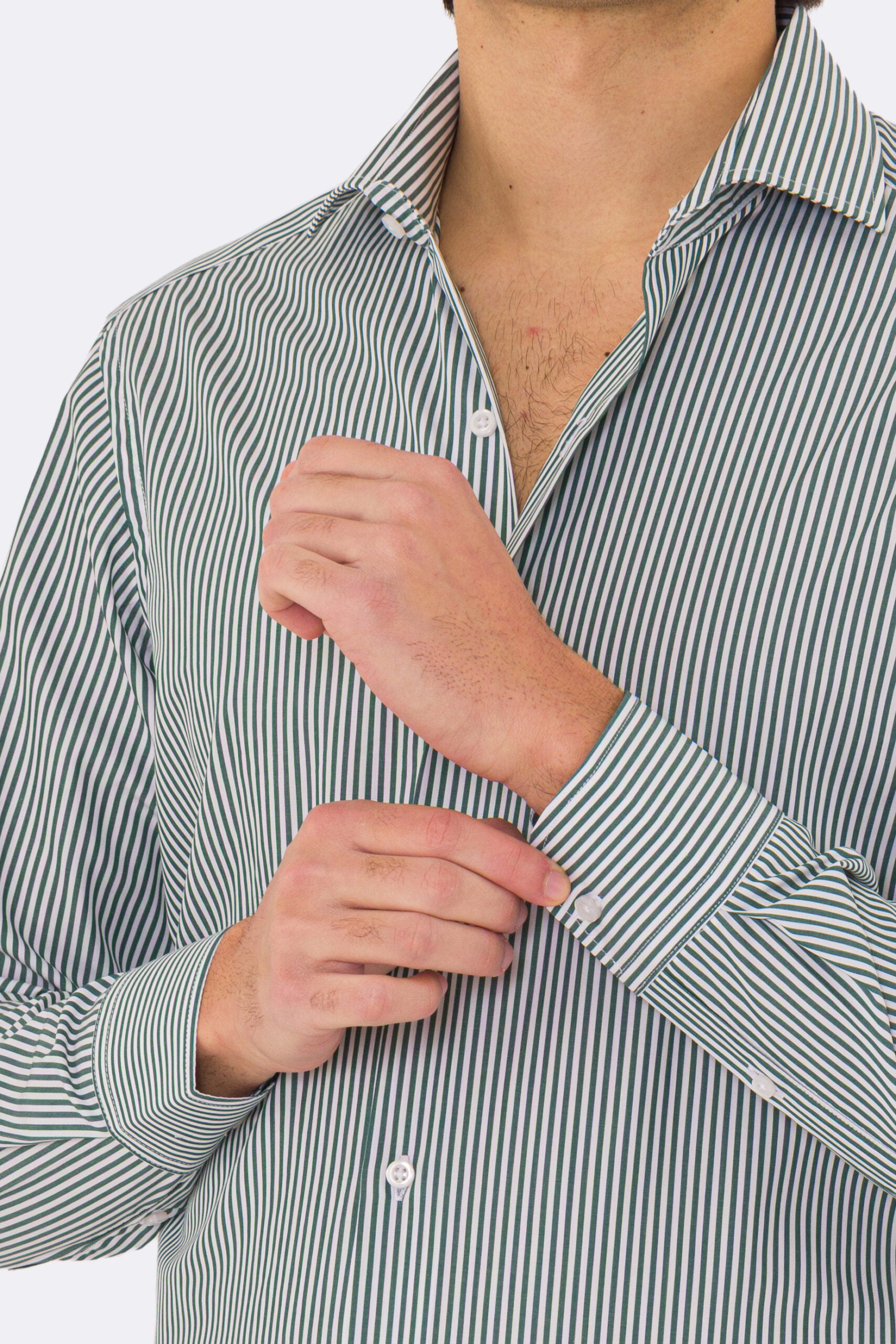 Camicia Uomo verde a mille righe slim Fit 100% cotone popeline collo semi francese Tessuti Twill