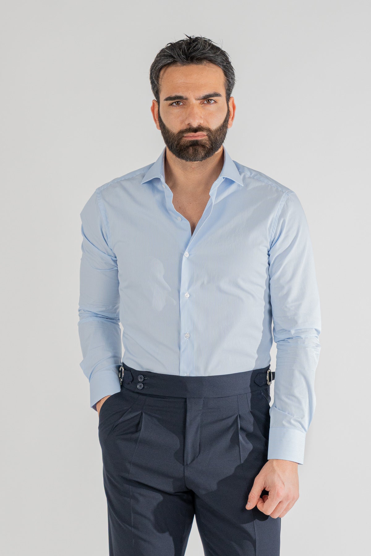 Camicia Uomo celeste a mille righe slim Fit 100% cotone popeline collo semi francese Tessuti Twill
