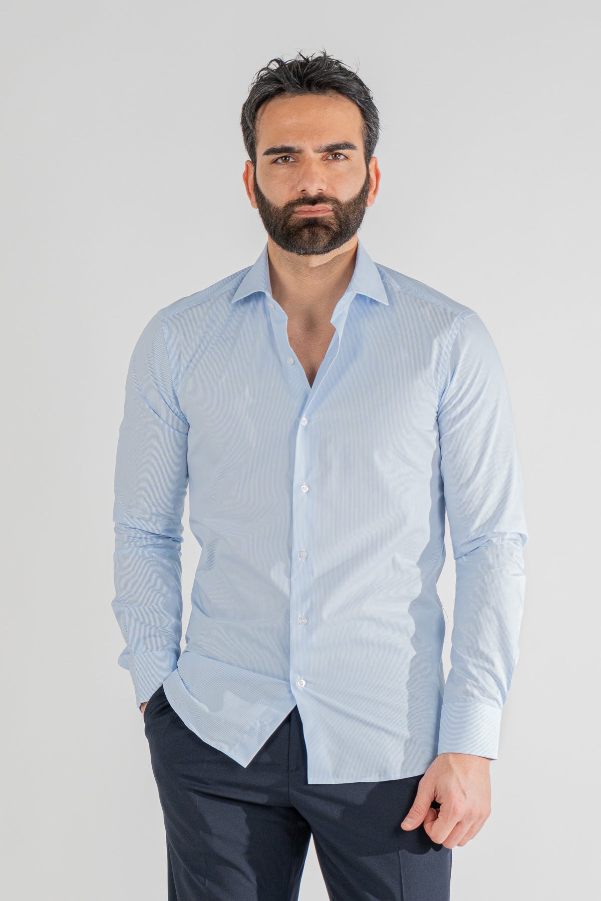 Camicia Uomo celeste a mille righe slim Fit 100% cotone popeline collo semi francese Tessuti Twill