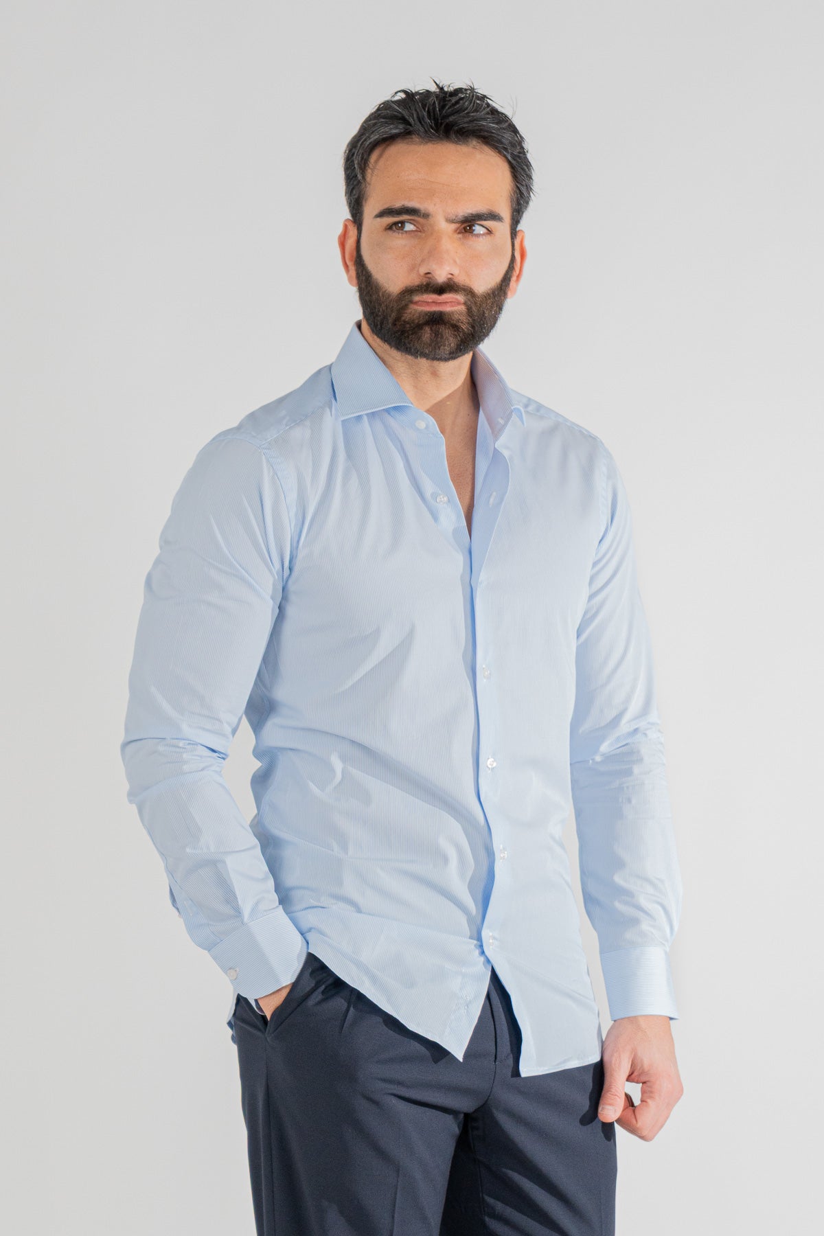 Camicia Uomo celeste a mille righe slim Fit 100% cotone popeline collo semi francese Tessuti Twill