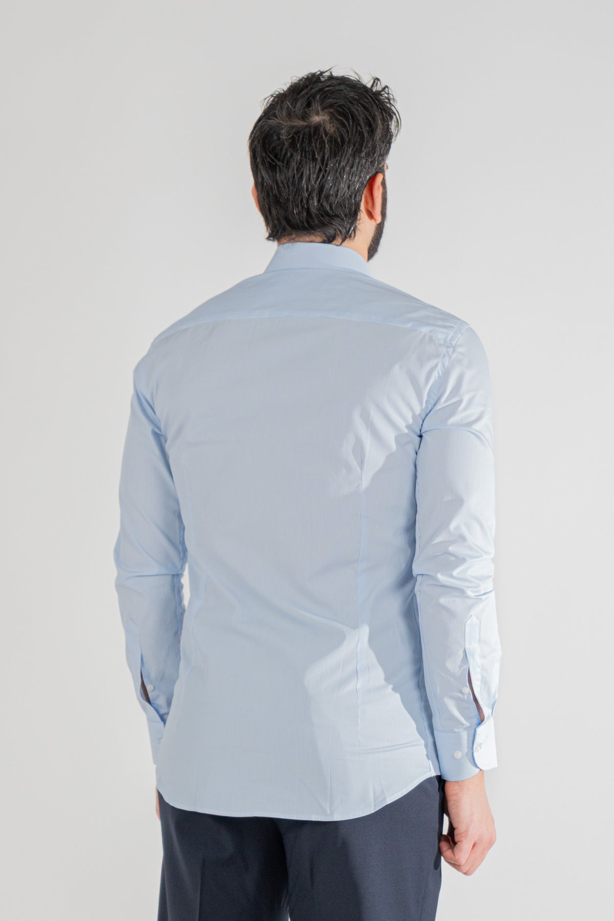 Camicia Uomo celeste a mille righe slim Fit 100% cotone popeline collo semi francese Tessuti Twill