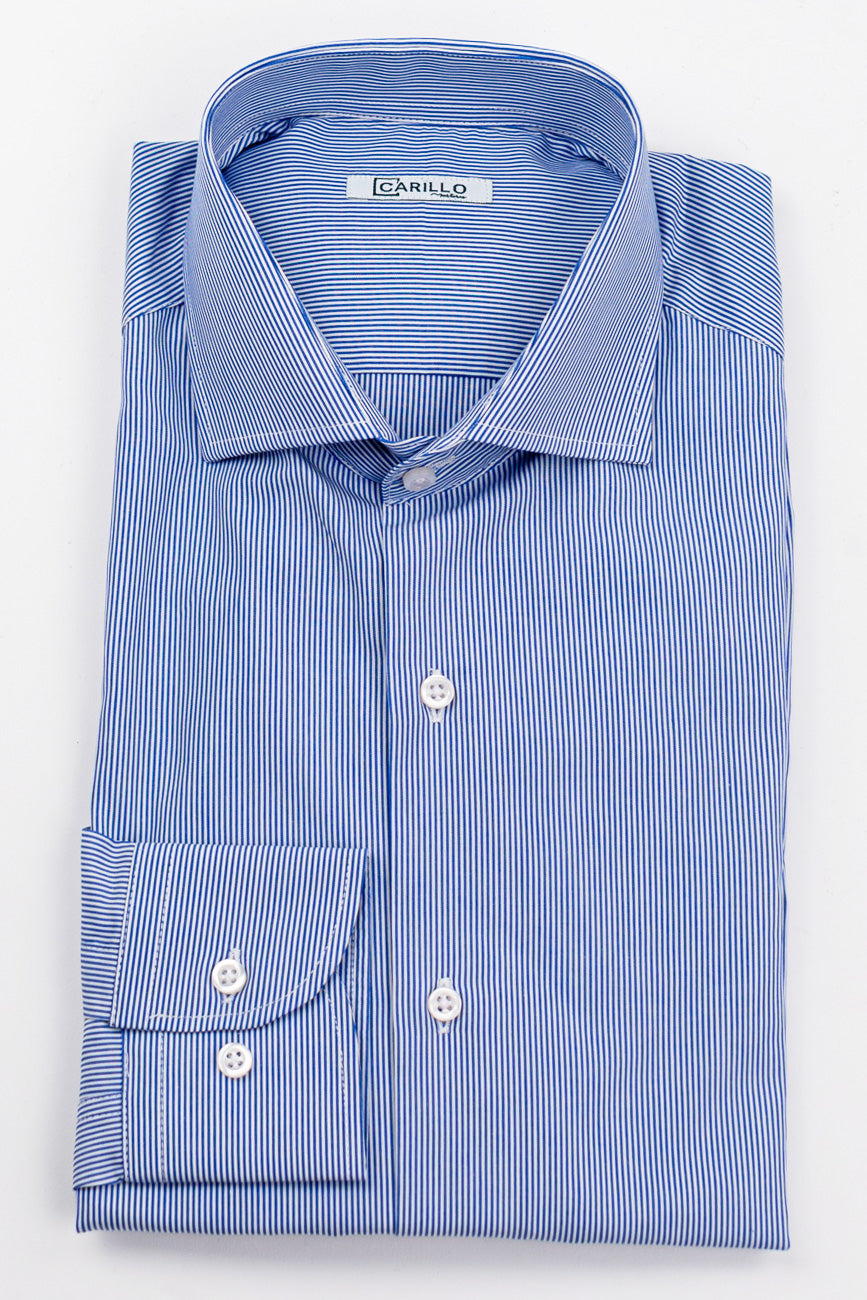 Camicia Uomo Royal blu a mille righe slim Fit 100% cotone popeline collo semi francese Tessuti Twill