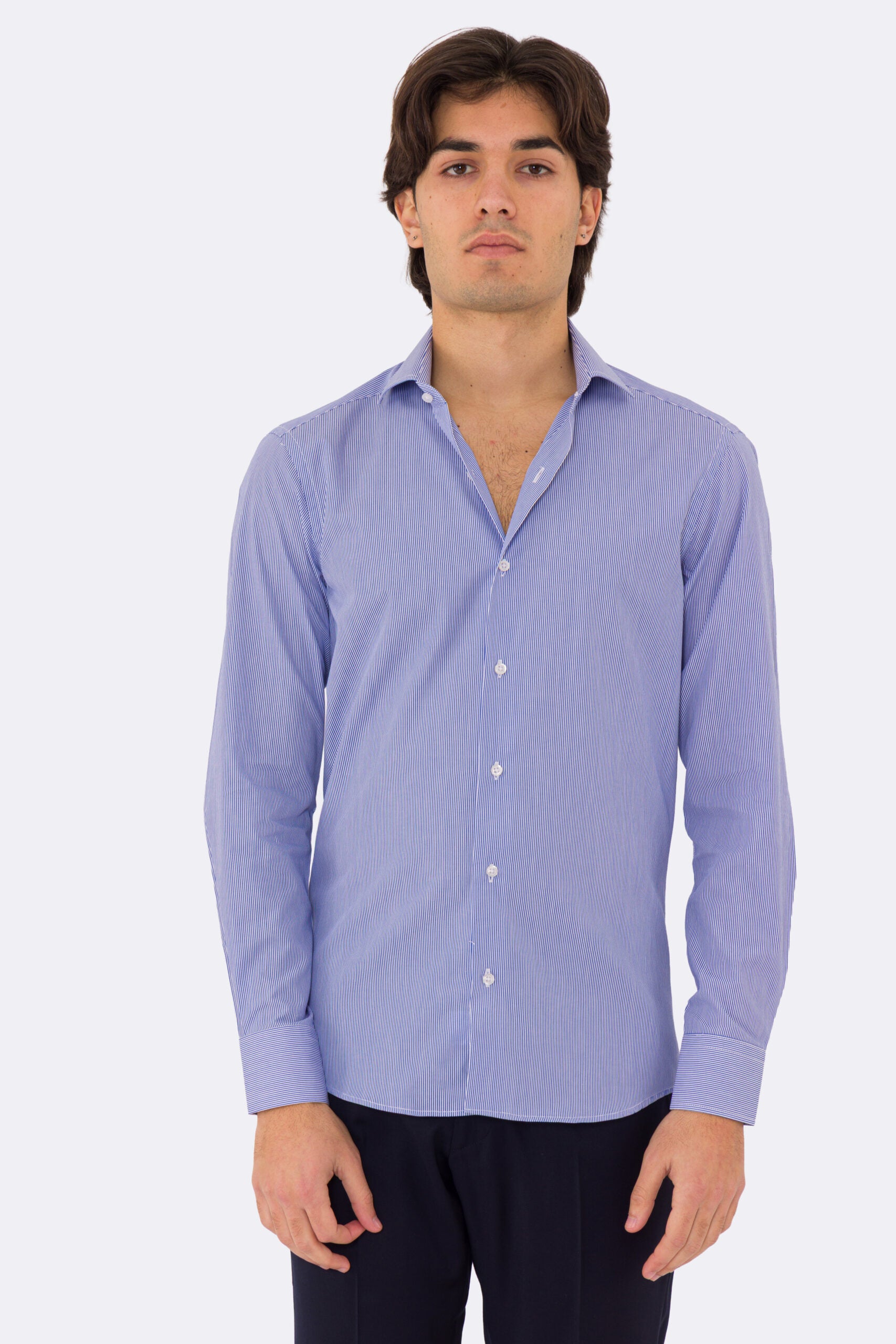 Camicia Uomo Royal blu a mille righe slim Fit 100% cotone popeline collo semi francese Tessuti Twill