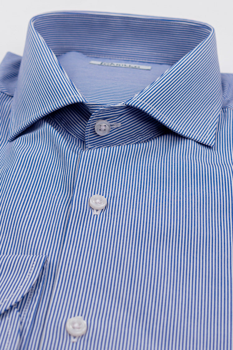 Camicia Uomo Royal blu a mille righe slim Fit 100% cotone popeline collo semi francese Tessuti Twill