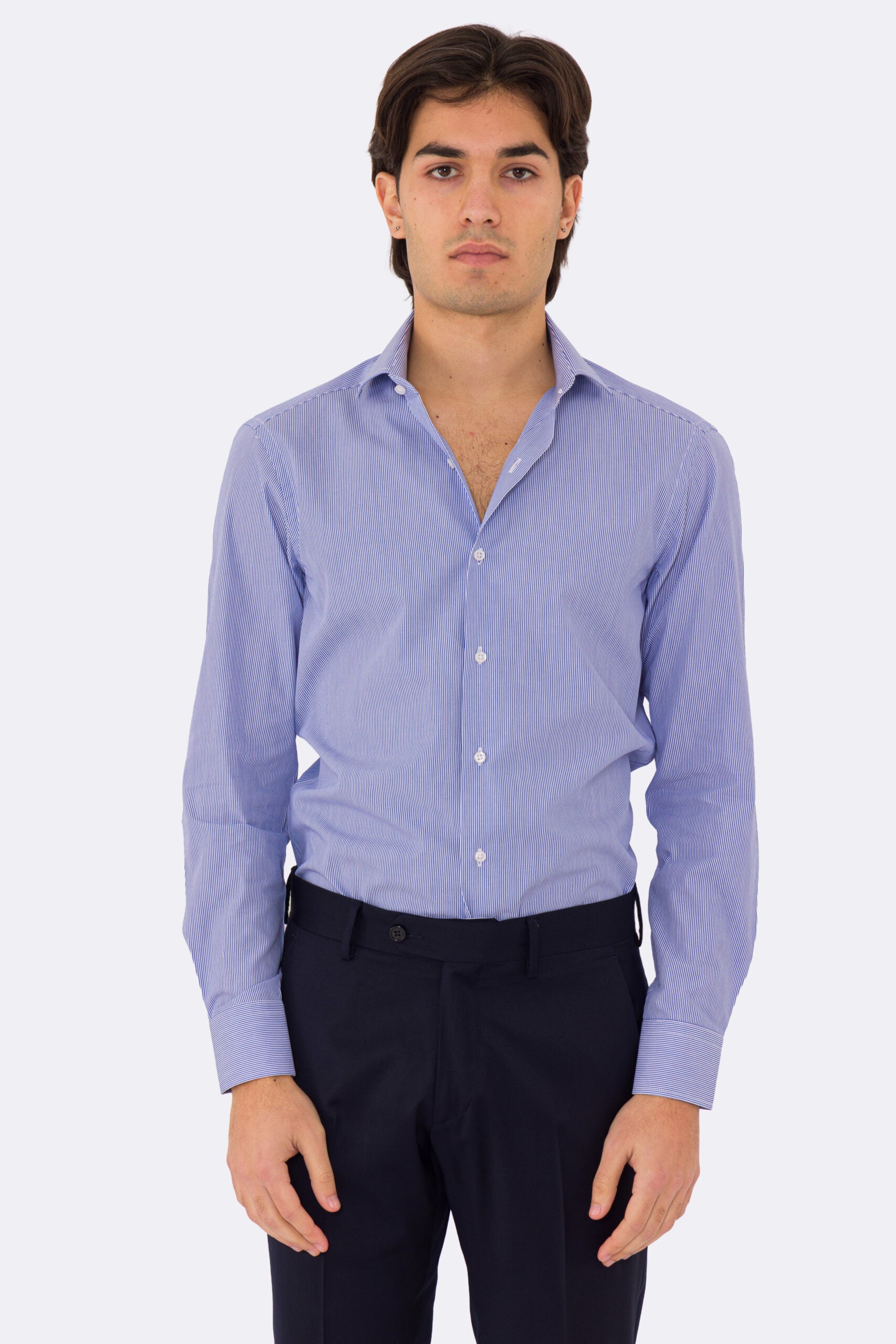 Camicia Uomo Royal blu a mille righe slim Fit 100% cotone popeline collo semi francese Tessuti Twill