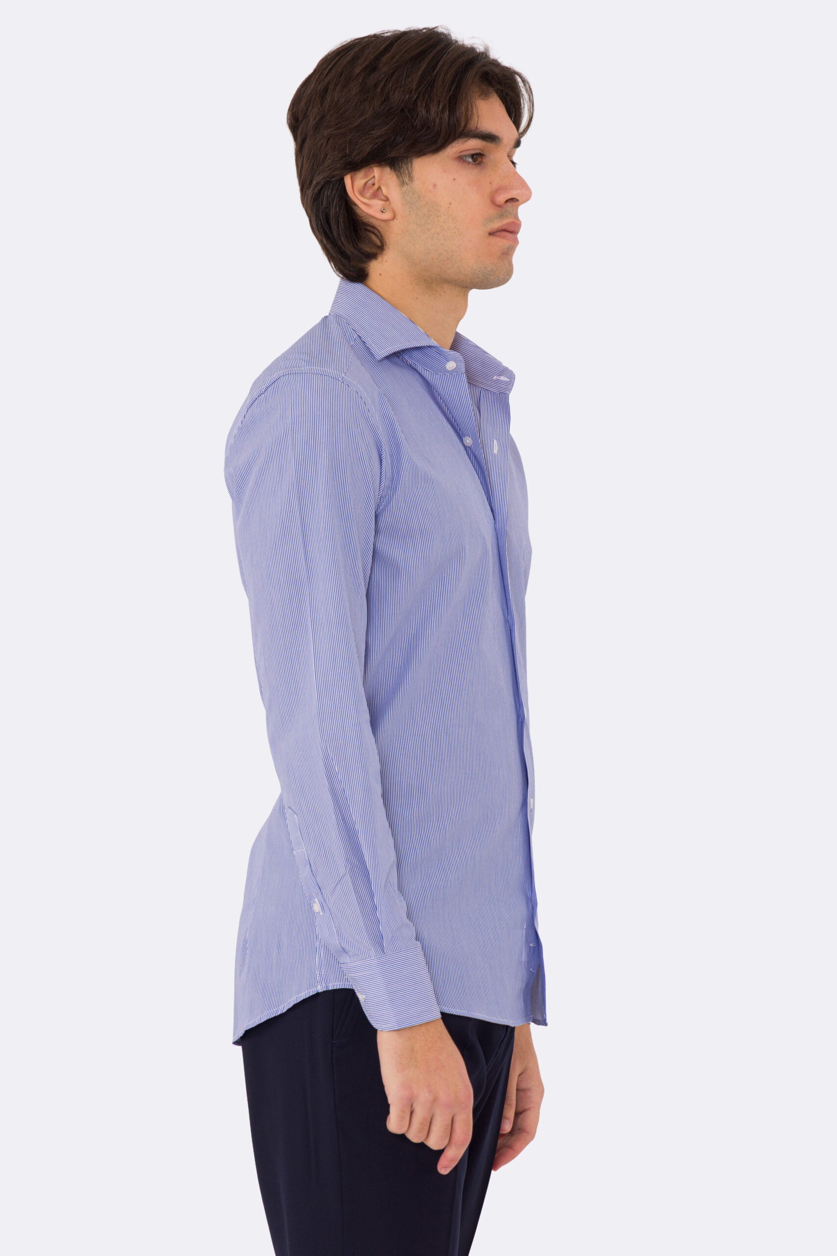 Camicia Uomo Royal blu a mille righe slim Fit 100% cotone popeline collo semi francese Tessuti Twill