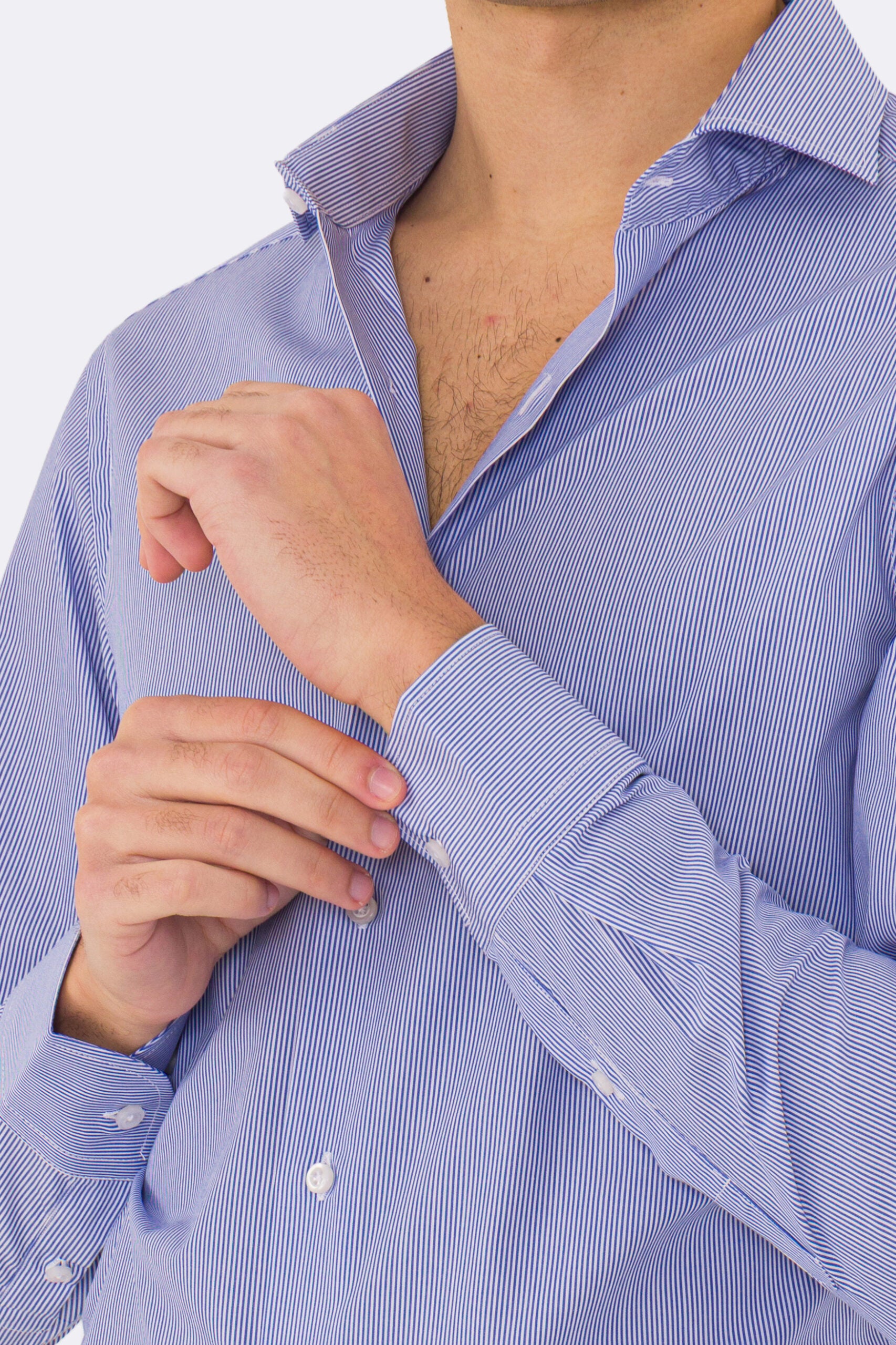 Camicia Uomo Royal blu a mille righe slim Fit 100% cotone popeline collo semi francese Tessuti Twill