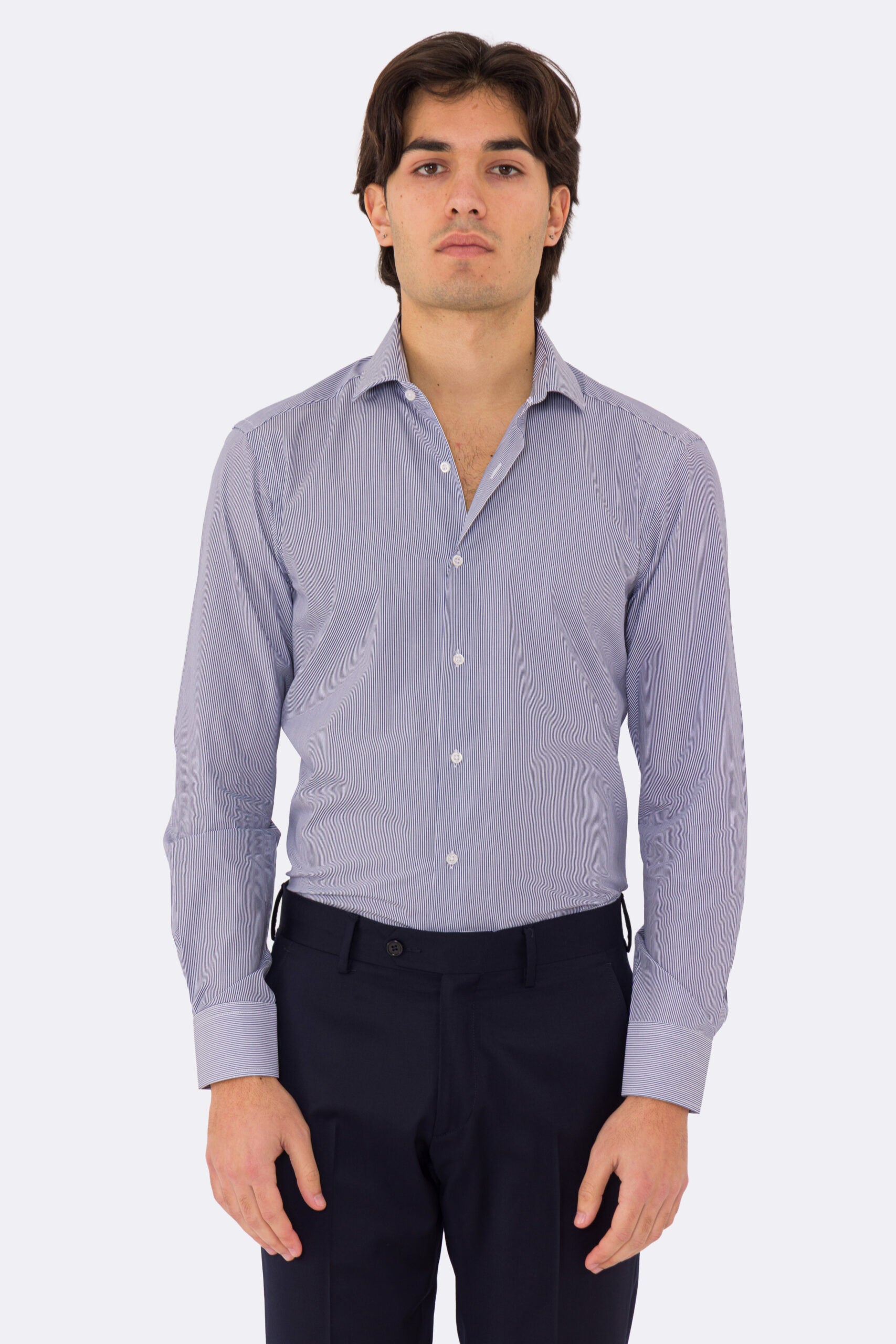 Camicia blu navy mille righe slim Fit uomo 100% cotone popeline collo semi francese Tessuti Twill