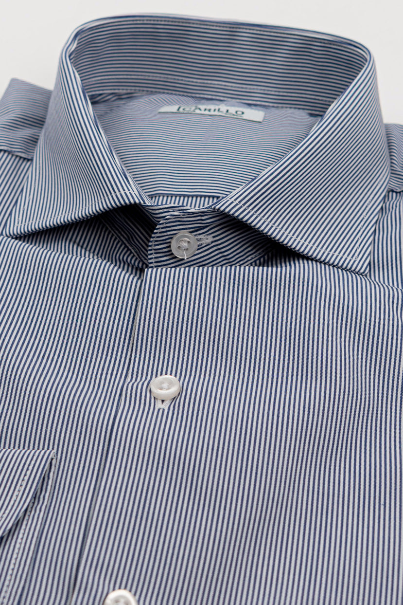 Camicia blu navy mille righe slim Fit uomo 100% cotone popeline collo semi francese Tessuti Twill