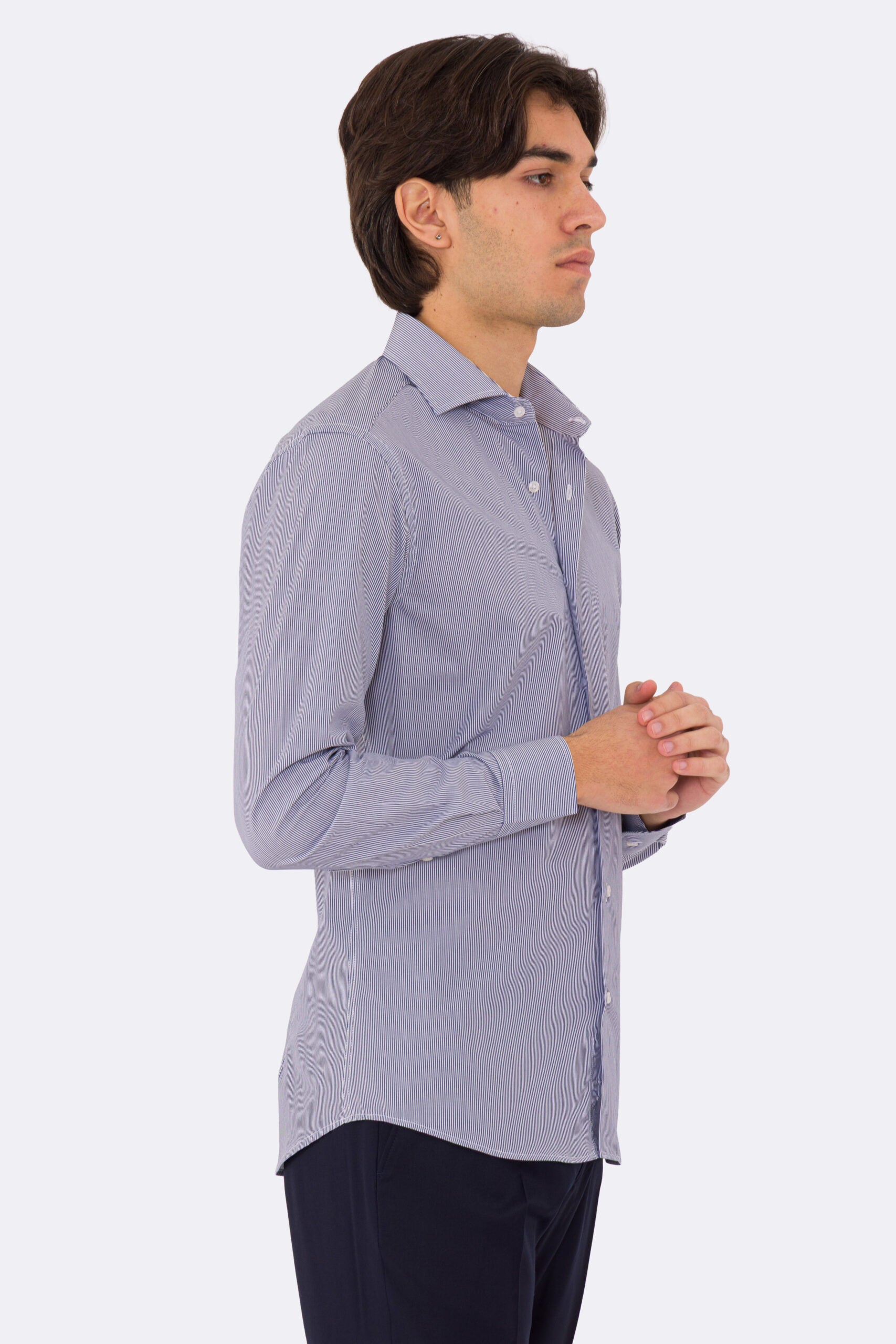 Camicia blu navy mille righe slim Fit uomo 100% cotone popeline collo semi francese Tessuti Twill