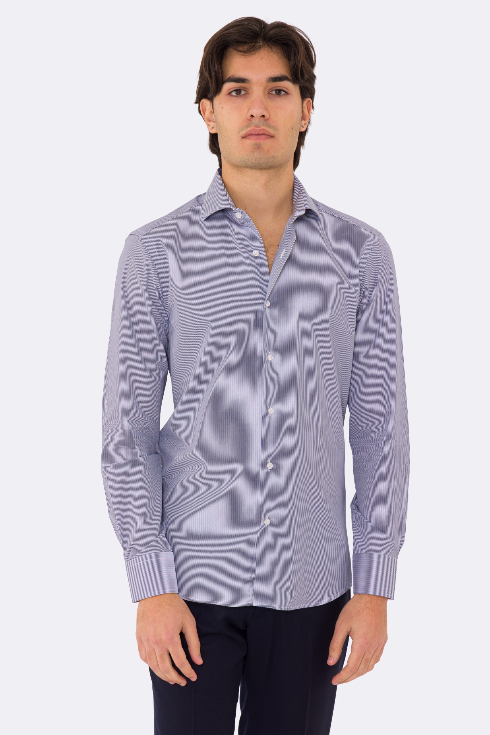 Camicia blu navy mille righe slim Fit uomo 100% cotone popeline collo semi francese Tessuti Twill