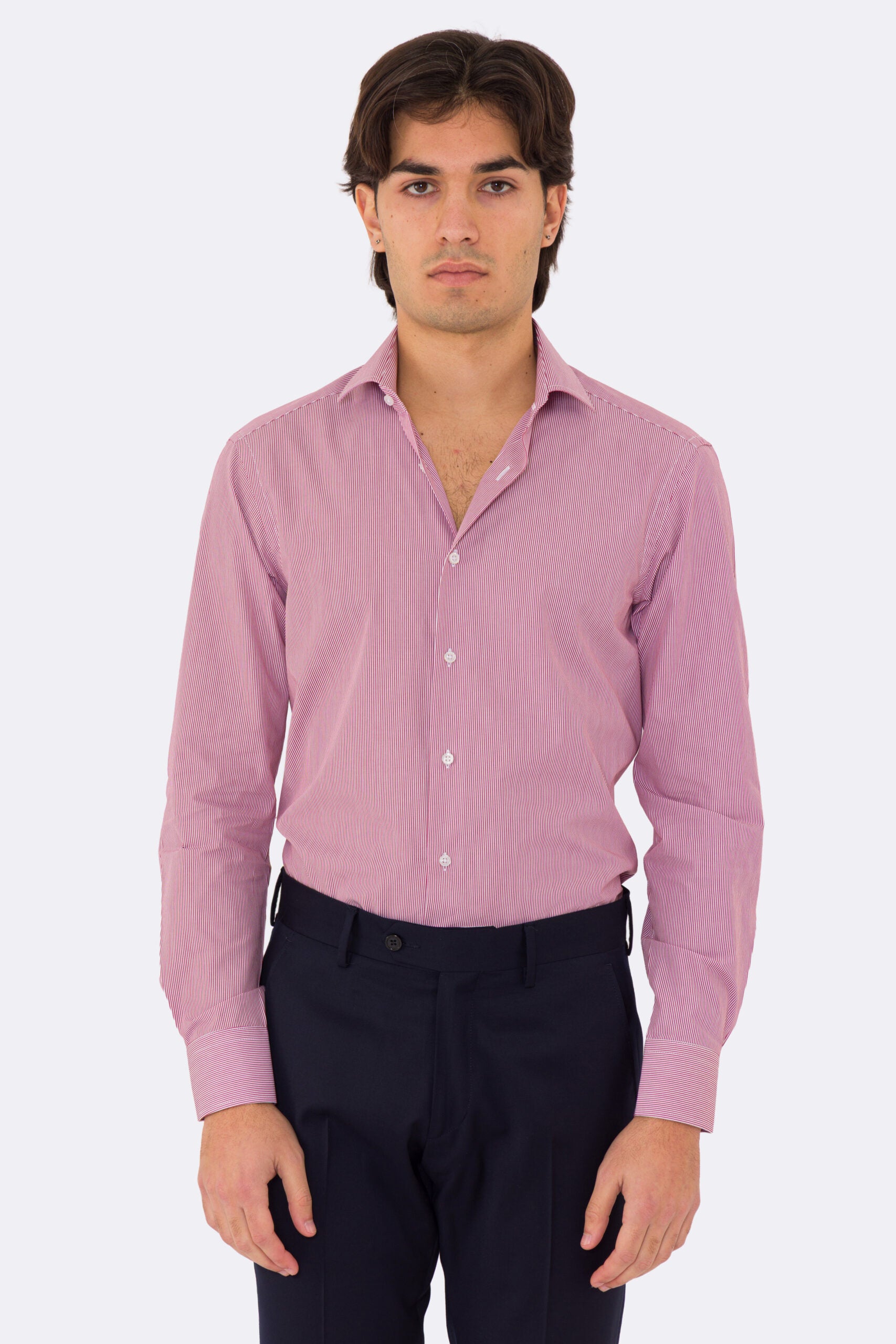 Camicia rossa mille righe slim Fit uomo 100% cotone popeline collo semi francese Tessuti Twill