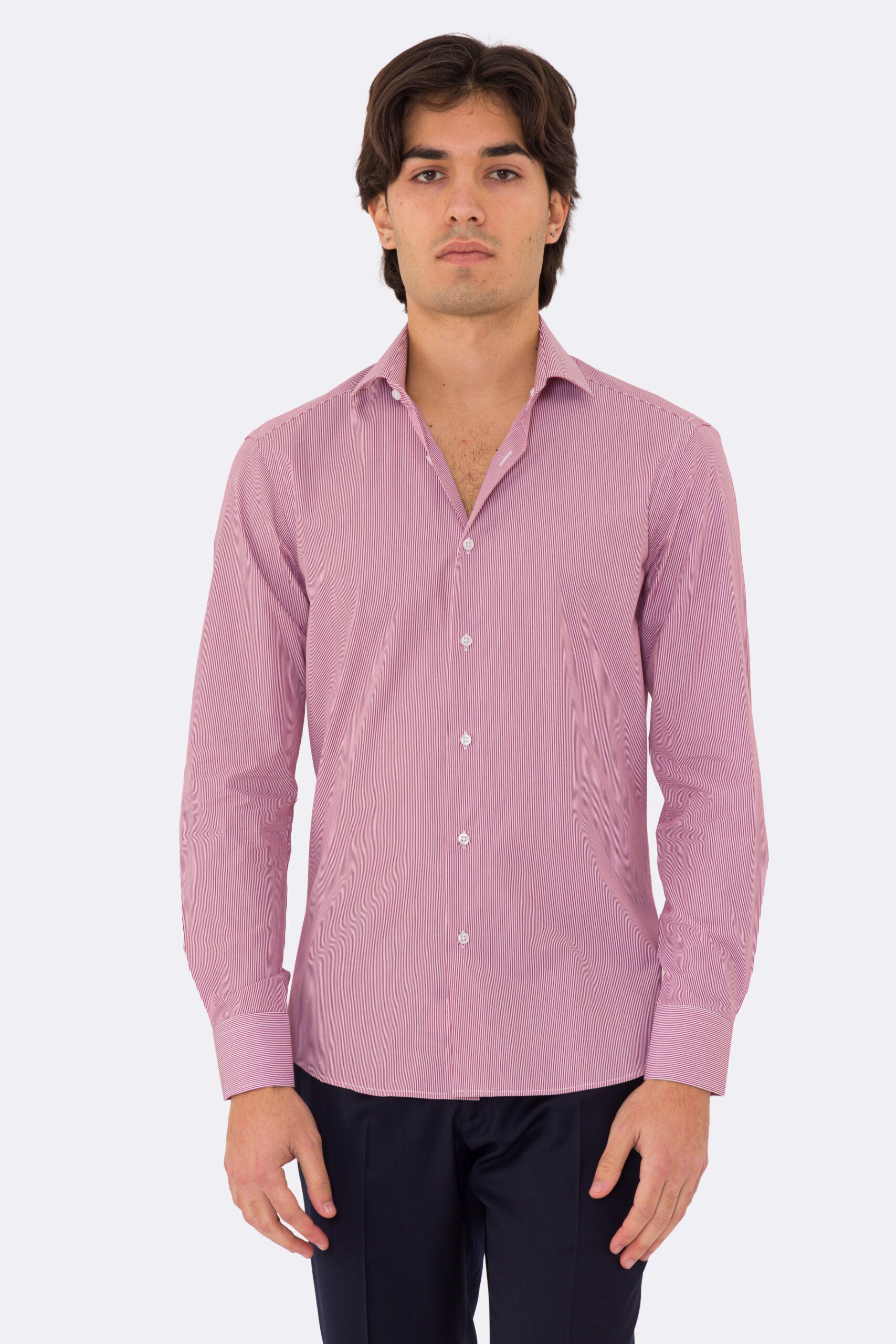 Camicia rossa mille righe slim Fit uomo 100% cotone popeline collo semi francese Tessuti Twill