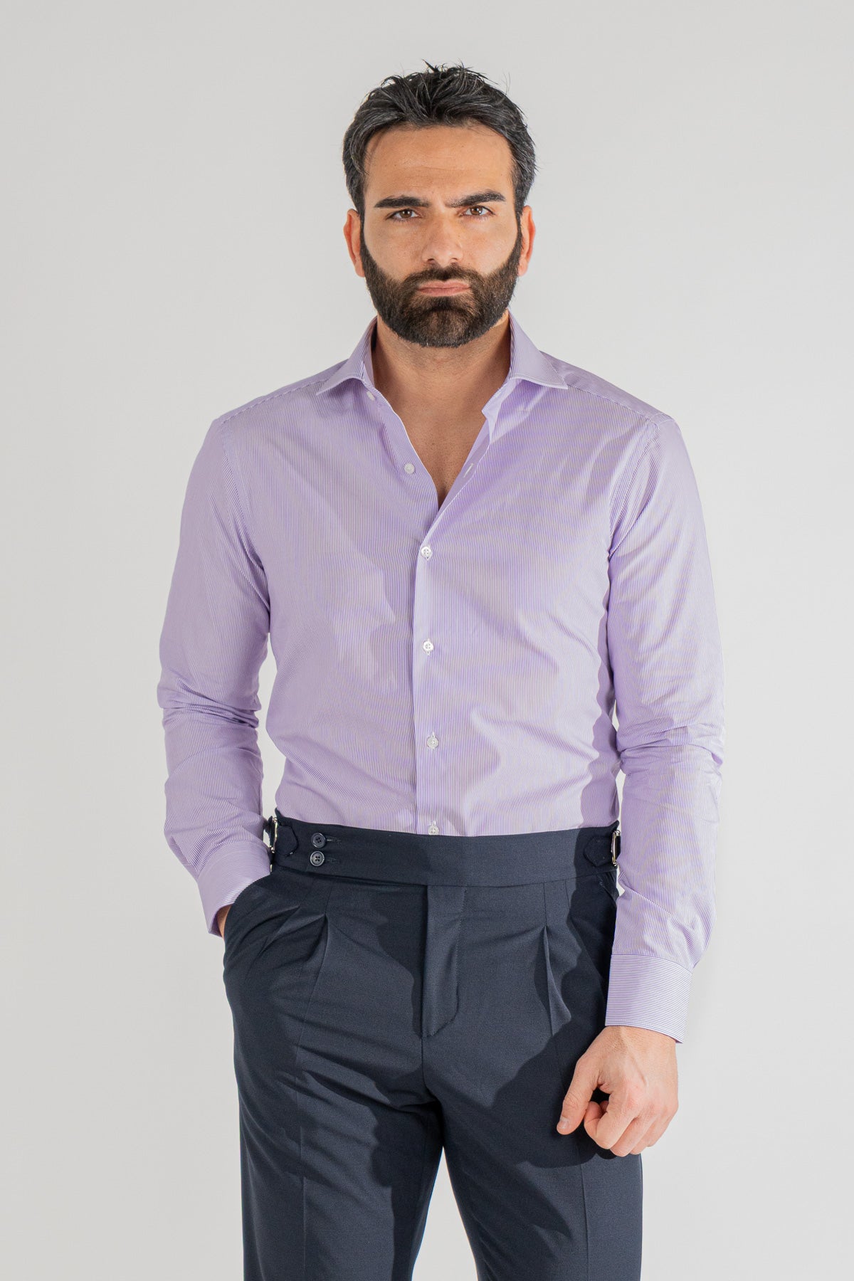 Camicia viola mille righe slim Fit uomo 100% cotone popeline collo semi francese Tessuti Twill
