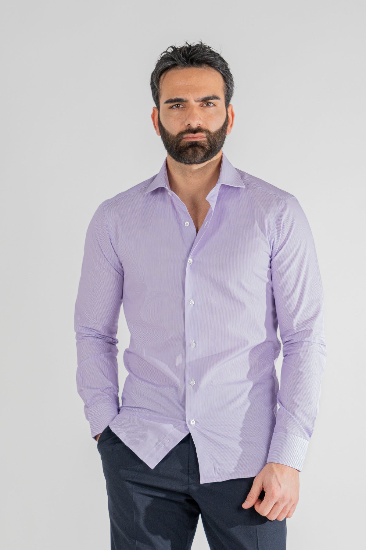 Camicia viola mille righe slim Fit uomo 100% cotone popeline collo semi francese Tessuti Twill