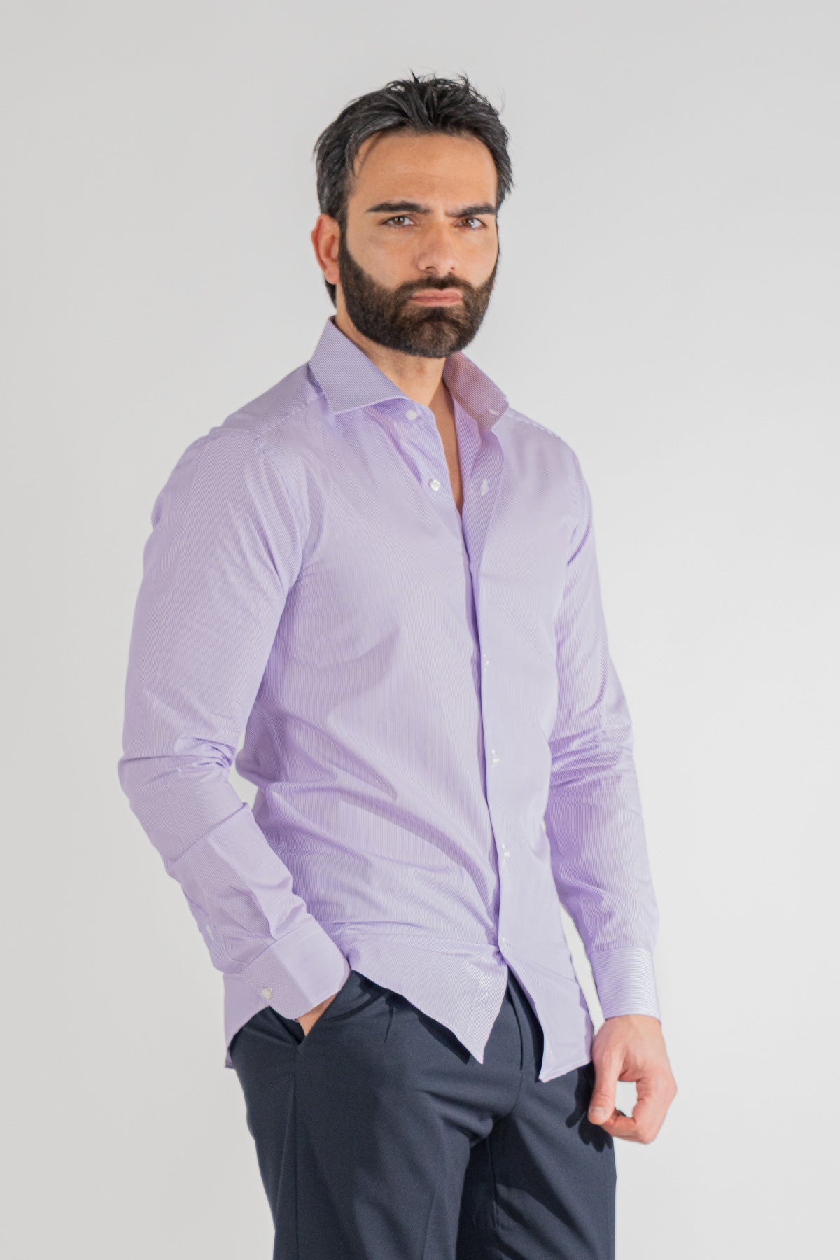 Camicia viola mille righe slim Fit uomo 100% cotone popeline collo semi francese Tessuti Twill