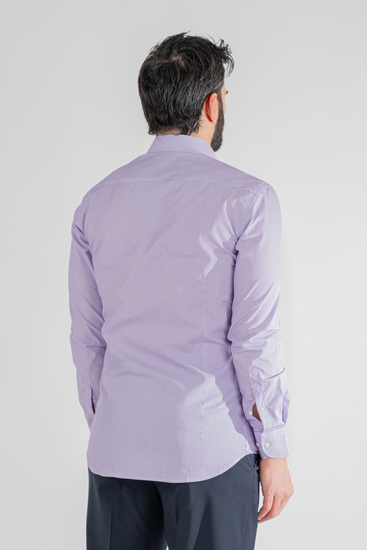 Camicia viola mille righe slim Fit uomo 100% cotone popeline collo semi francese Tessuti Twill
