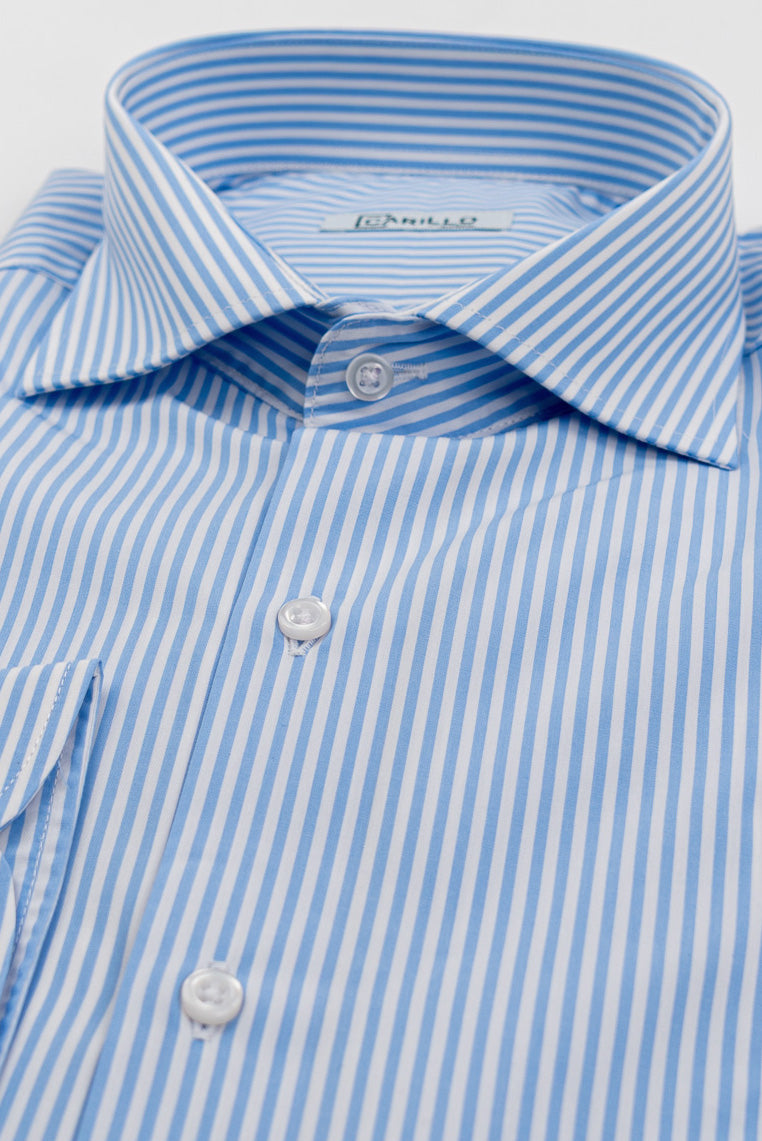 Camicia Uomo celeste a righe medie slim Fit 100% cotone popeline collo semi francese Tessuti Twill