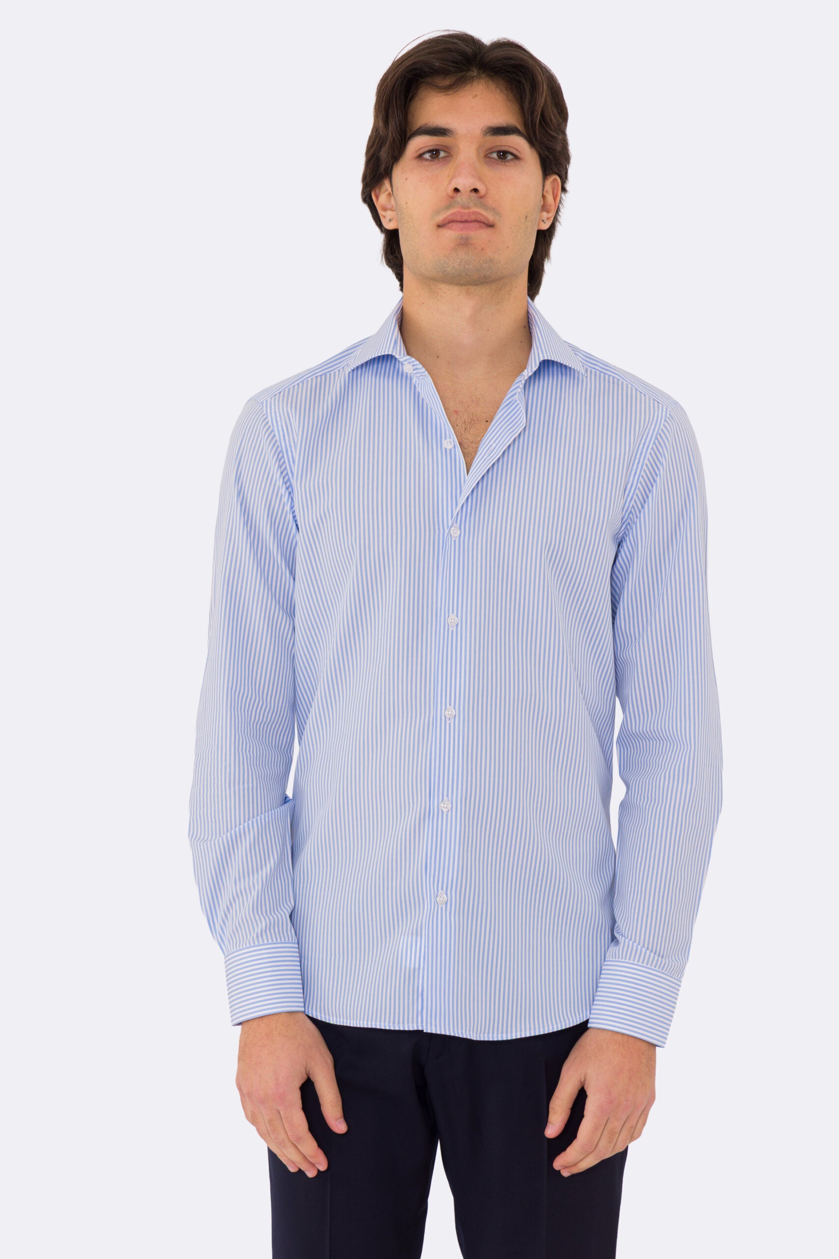 Camicia Uomo celeste a righe medie slim Fit 100% cotone popeline collo semi francese Tessuti Twill
