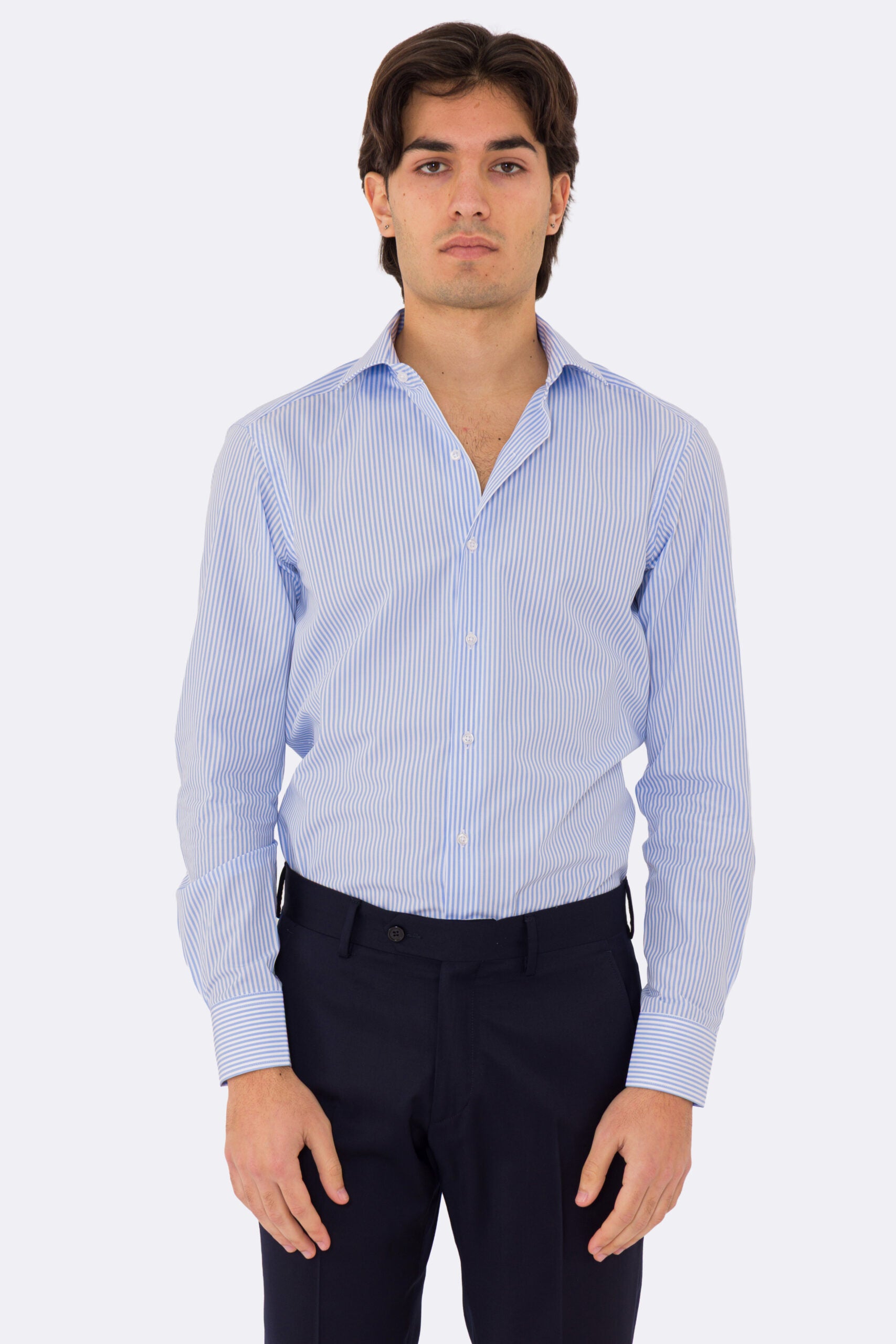 Camicia Uomo celeste a righe medie slim Fit 100% cotone popeline collo semi francese Tessuti Twill