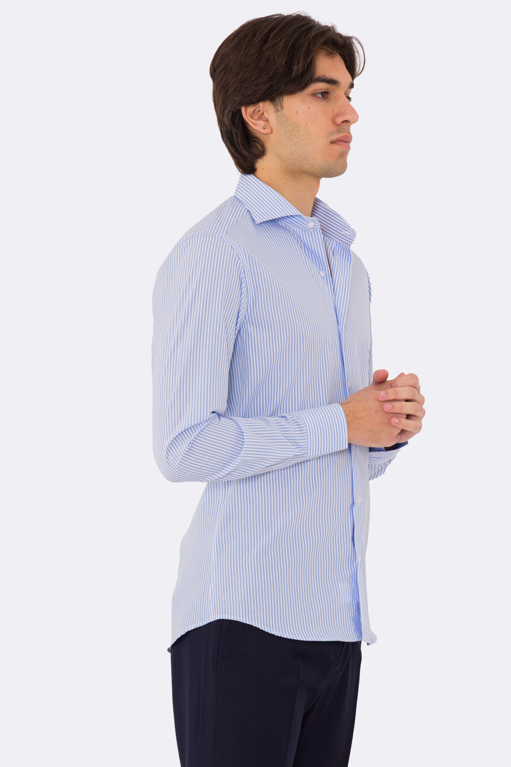 Camicia Uomo celeste a righe medie slim Fit 100% cotone popeline collo semi francese Tessuti Twill