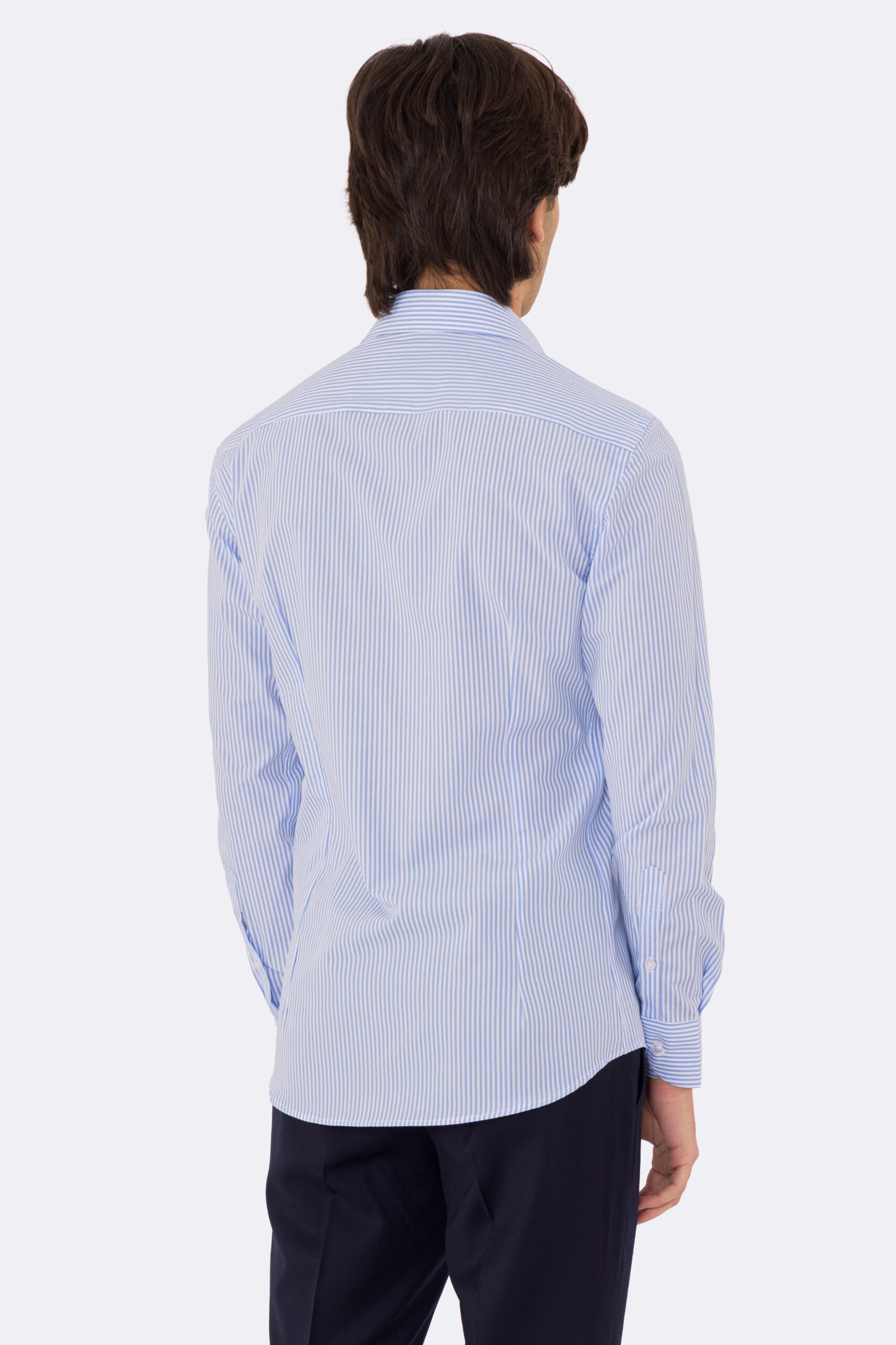 Camicia Uomo celeste a righe medie slim Fit 100% cotone popeline collo semi francese Tessuti Twill