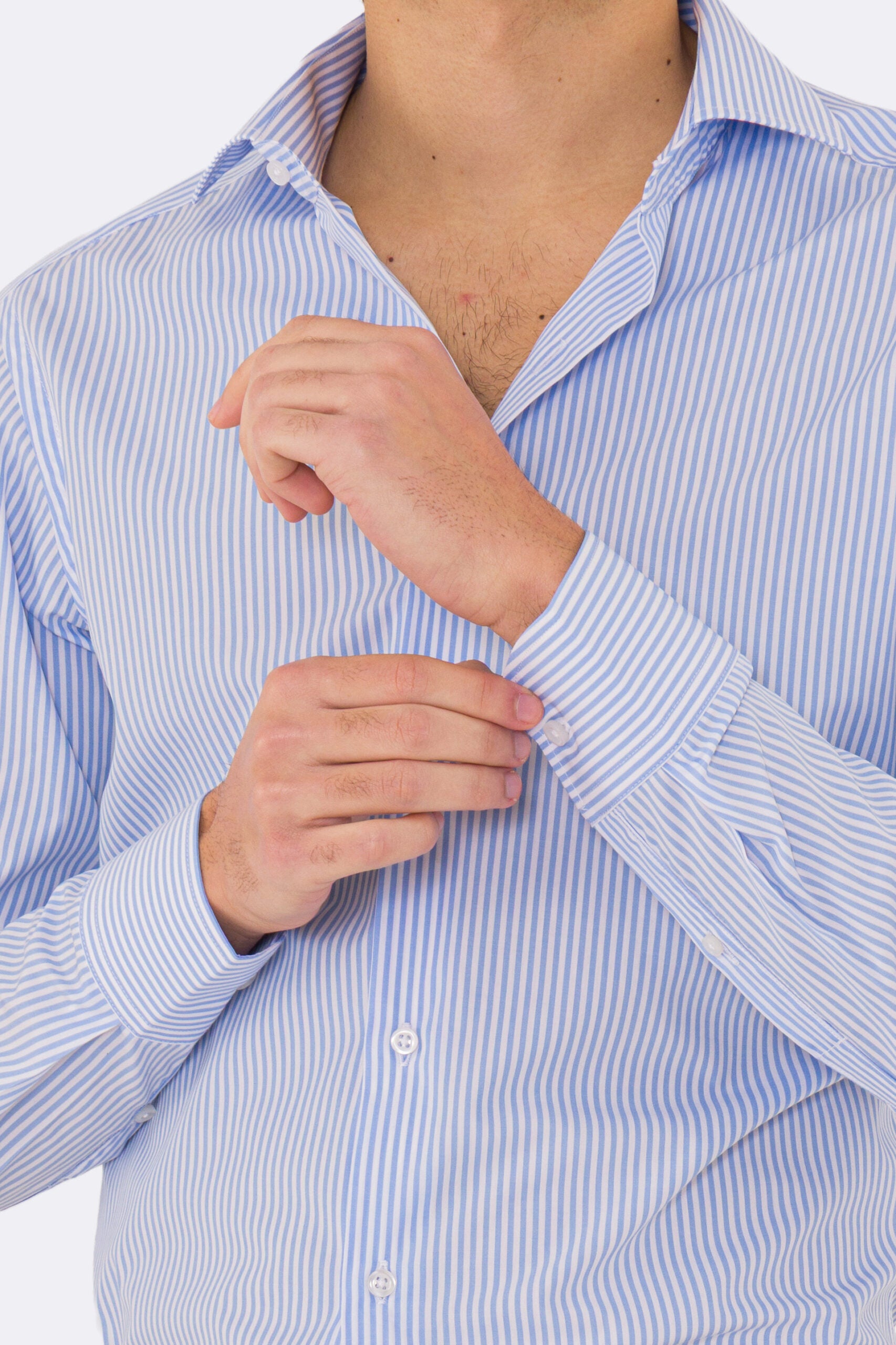 Camicia Uomo celeste a righe medie slim Fit 100% cotone popeline collo semi francese Tessuti Twill